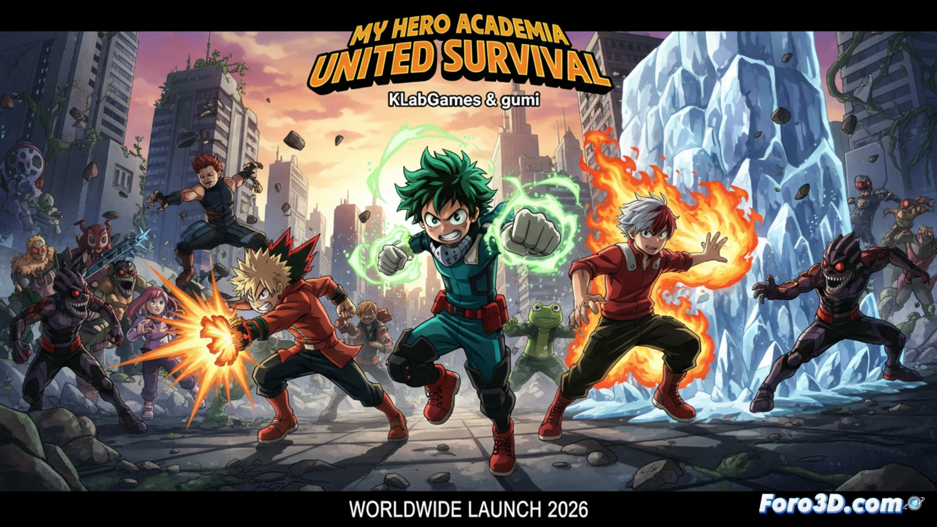 Un trío de héroes, liderados por Deku, corre entre escombros en una ciudad futurista, con el logo del juego brillando en el cielo.