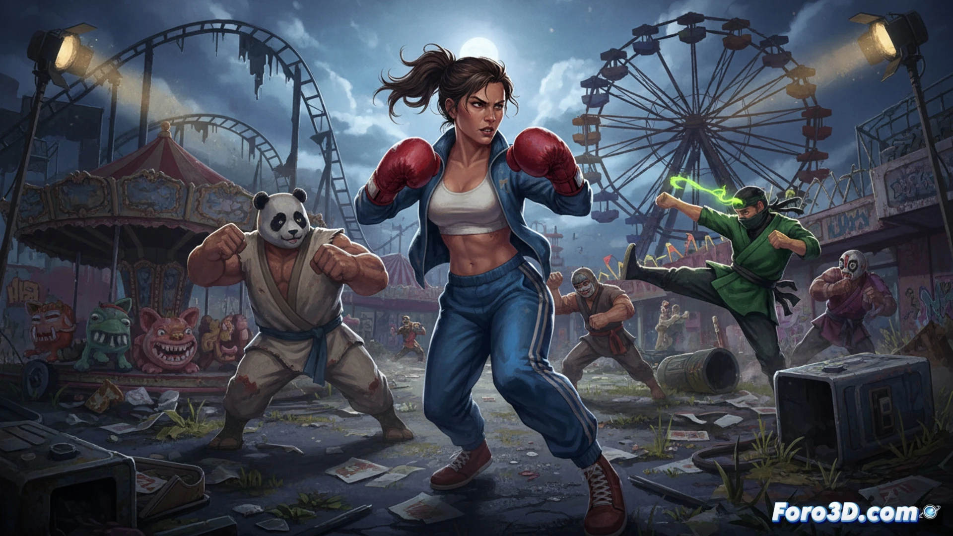 Una boxeadora pixelada con vendas en los puños avanza entre ruinas de un parque, listas de torneos y luces de neón rotas.