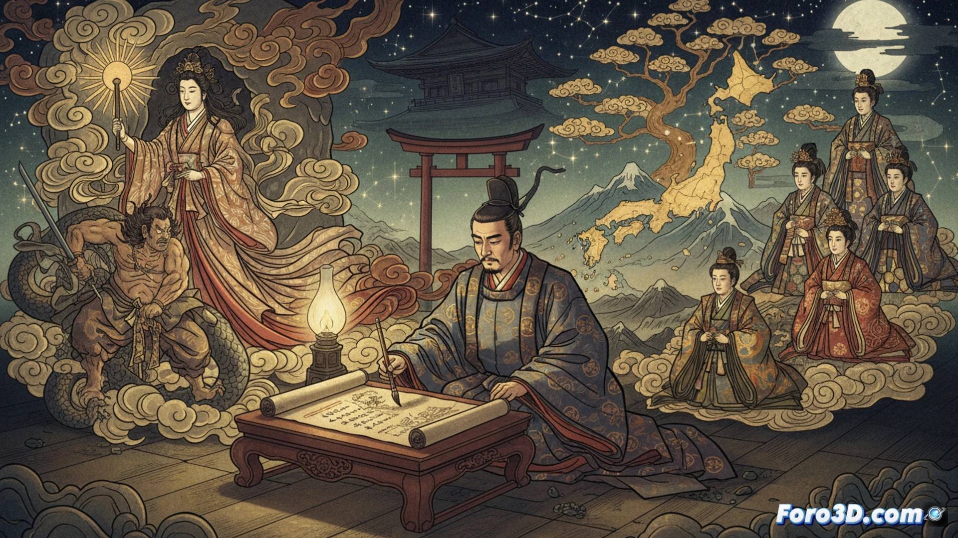 Una antigua página del Kojiki, con caligrafía clásica, ilustrada con dioses japoneses y el mítico archipiélago emergiendo.