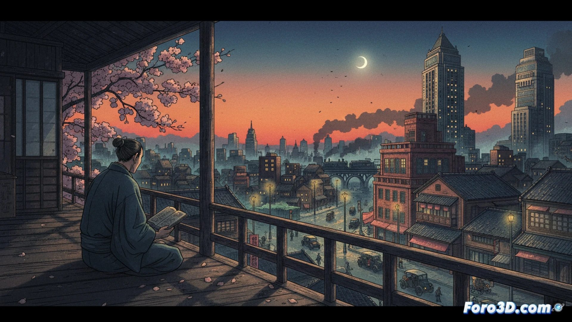 Un hombre solo en una habitación tradicional japonesa, con un teléfono antiguo y un papel en blanco, mirando melancólicamente por la ventana.