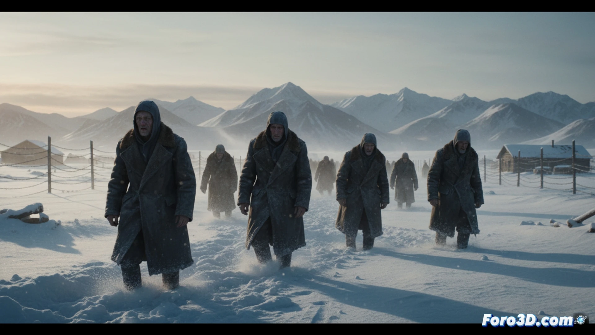 Una mano digital interactúa con un paisaje invernal 3D de alambradas y barracones, fusionando memoria y tecnología.