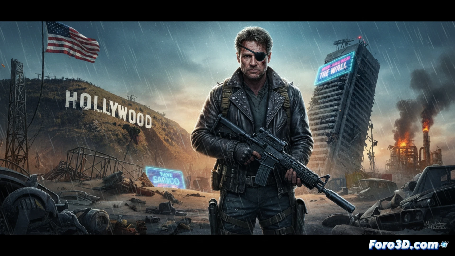 Kurt Russell como Snake Plissken, con parche en el ojo y actitud desafiante, en un fondo de ciudad futurista y distópica.