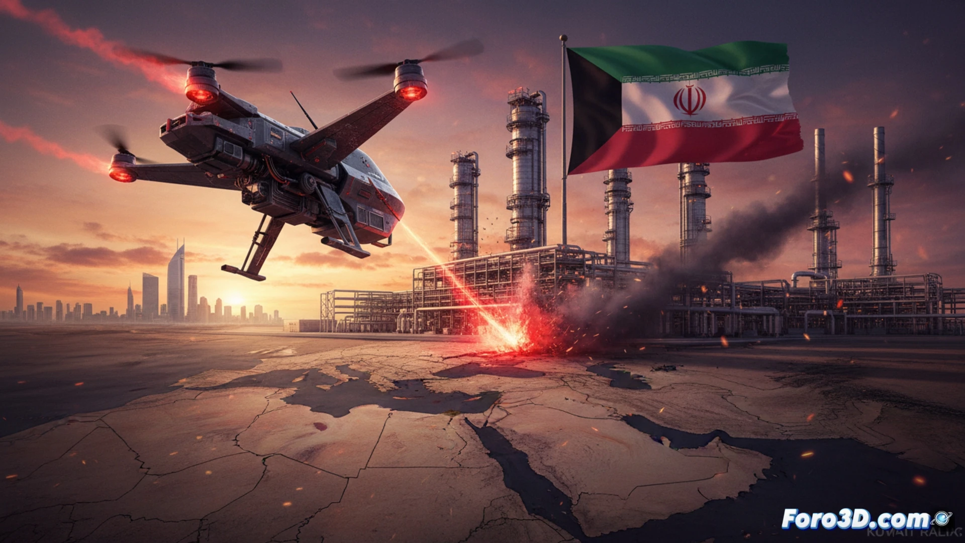 Un dron militar sobrevuela instalaciones petroleras kuwaitíes al atardecer, con banderas de ambos países en tensión.