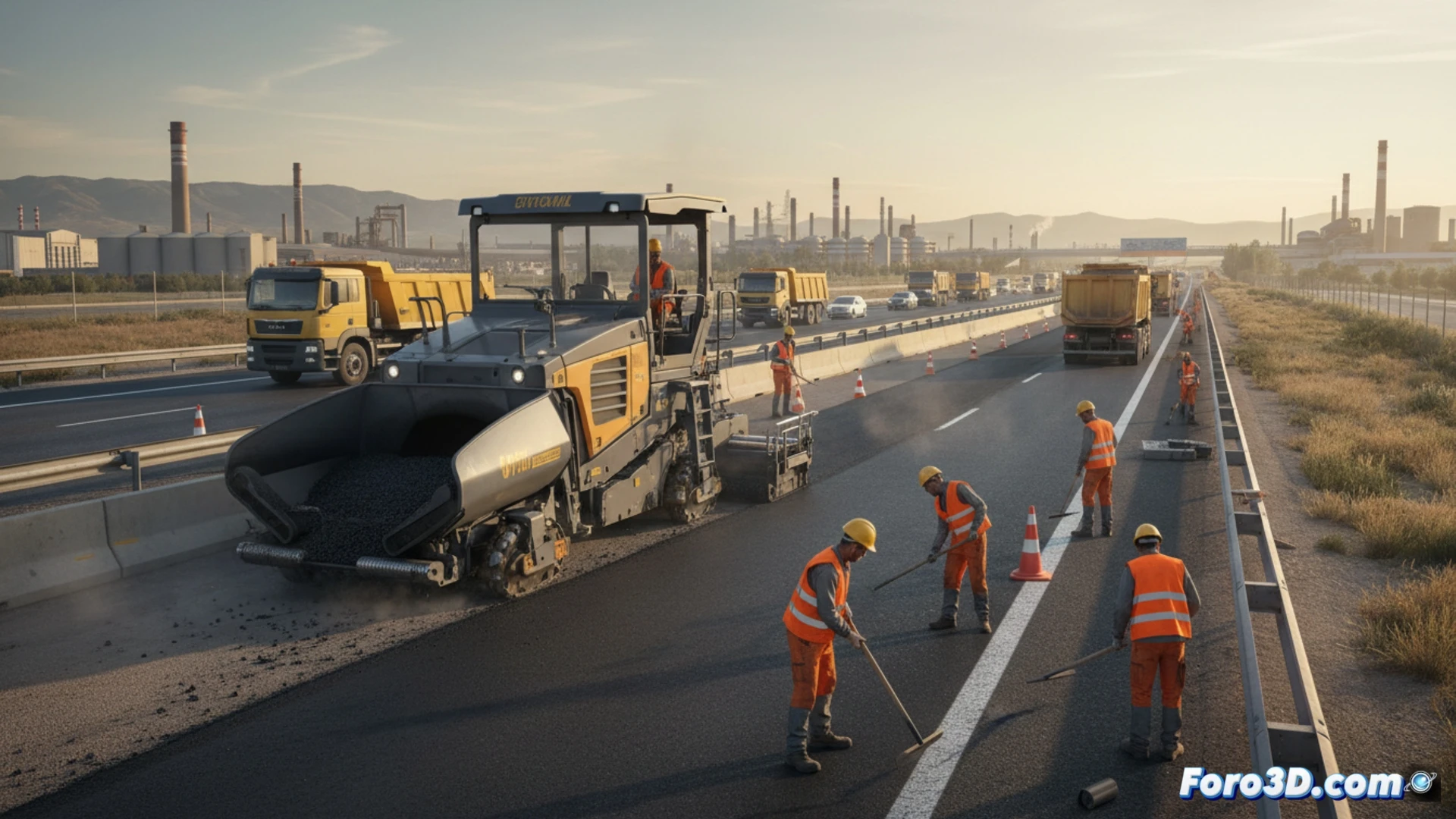 Descripción: Obras en la A-68 en La Cartuja Baja renuevan el firme con asfalto nuevo y maquinaria pesada bajo cielo nublado.