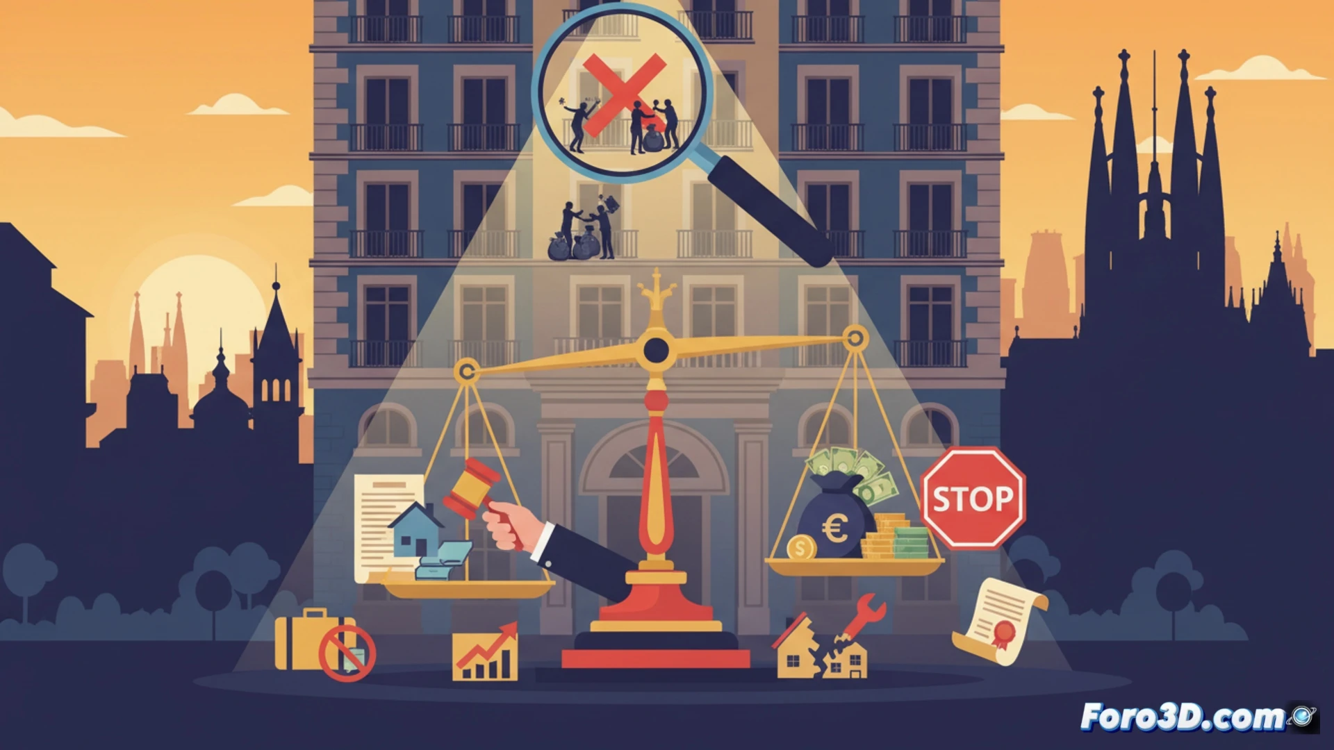 Una oficina moderna con mapas de Cataluña en la pared. Un inspector revisa una tableta con datos de alquiler. Al fondo, un edificio con un cartel de 'turístico ilegal' y un sello rojo de 'sanción'. Primer plano de documentos y un sello de 900.000 euros.