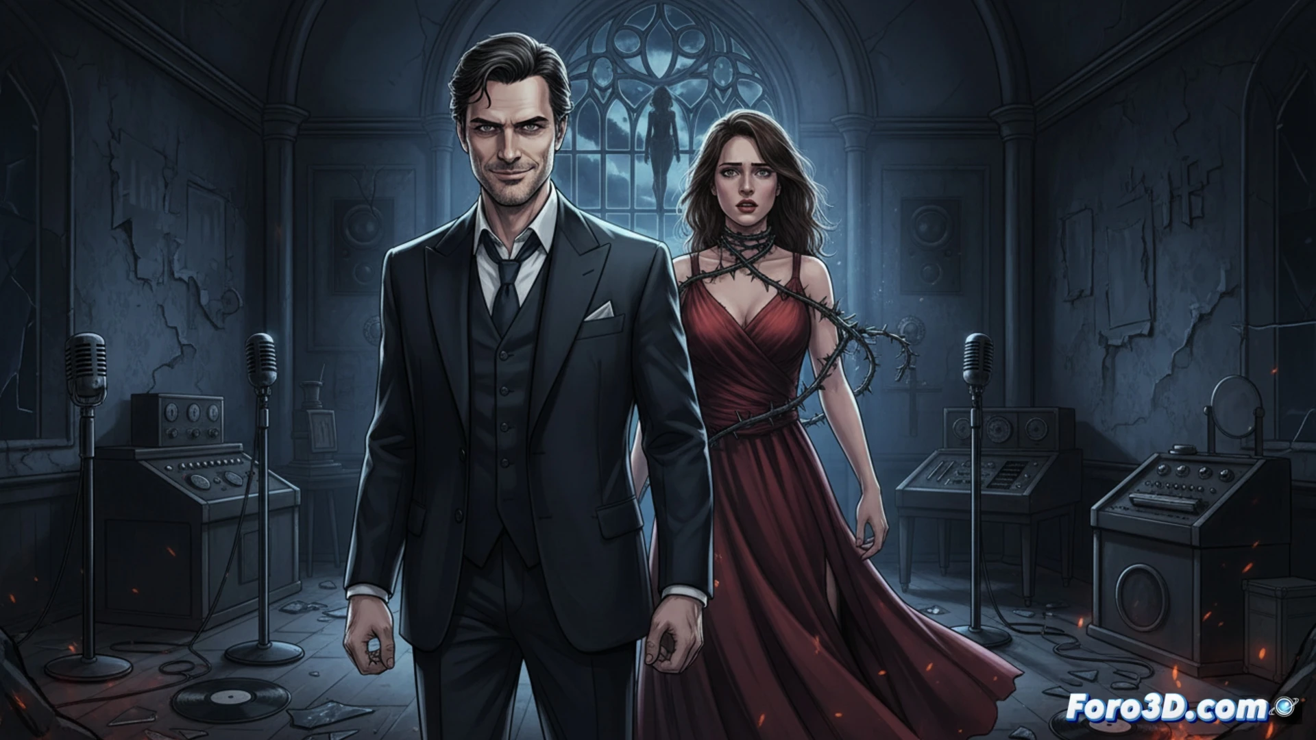 Descripción: Eduardo Noriega y Amaia Salamanca en tenso abrazo, reflejando poder y toxicidad en un estudio musical oscuro.