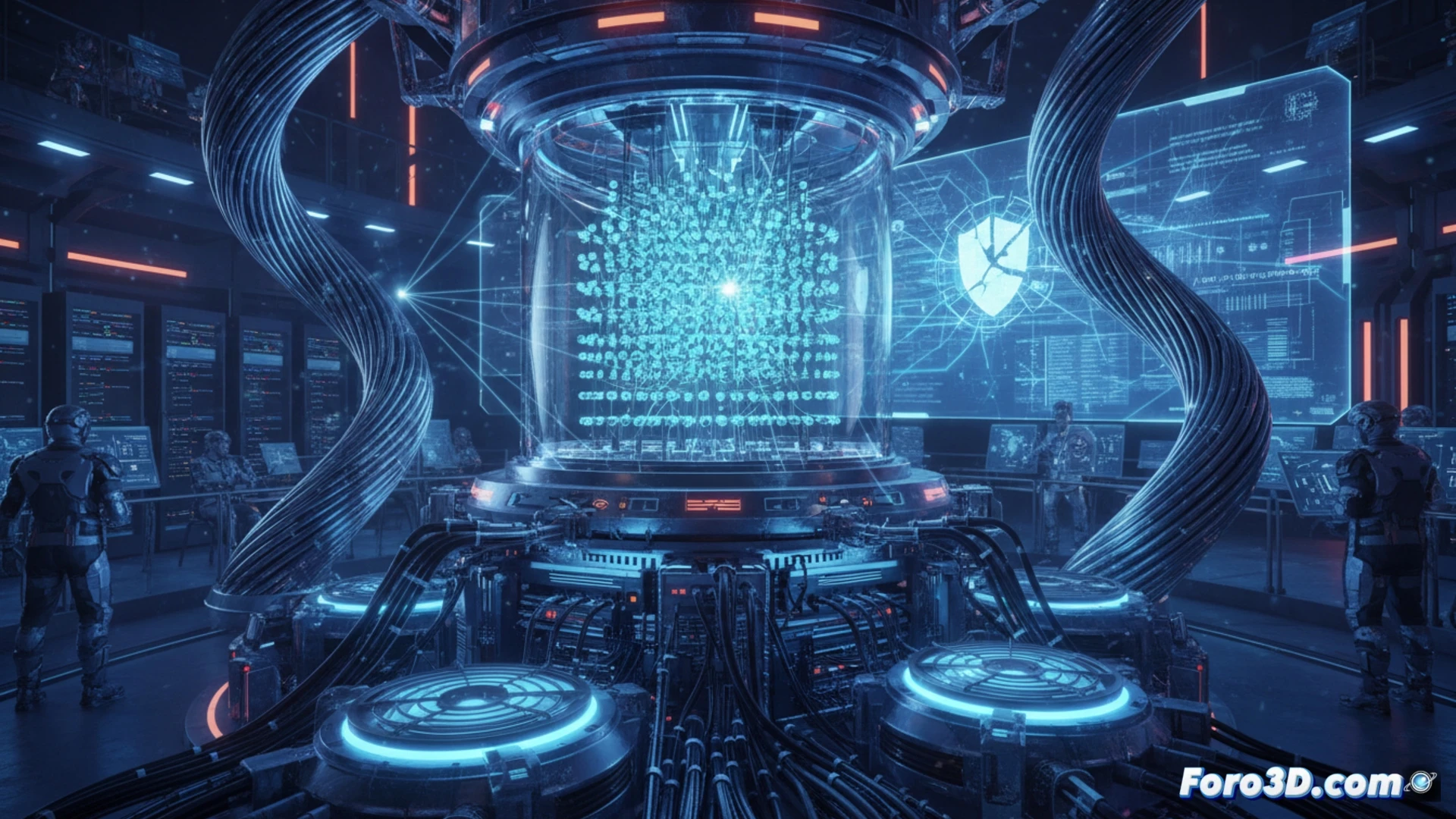 Un ordenador cuántico gigante desenredando un candado digital, simbolizando la ruptura de la criptografia actual.