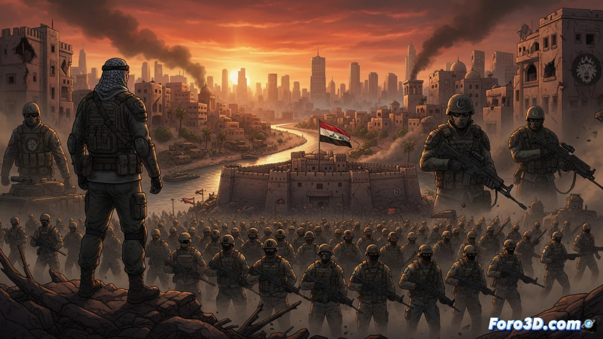 Un mapa de Irak con milicianos proiraníes superponiéndose a las fuerzas estatales, eclipsando símbolos del Estado Islámico.