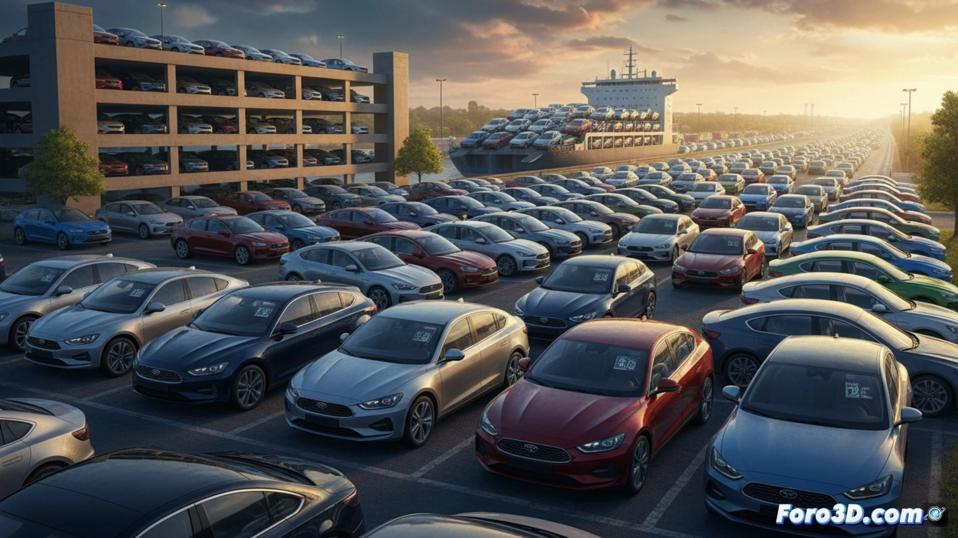 Un mar de coches eléctricos usados inunda el mercado, con precios bajos visibles en carteles, al fondo un concesionario brillante.