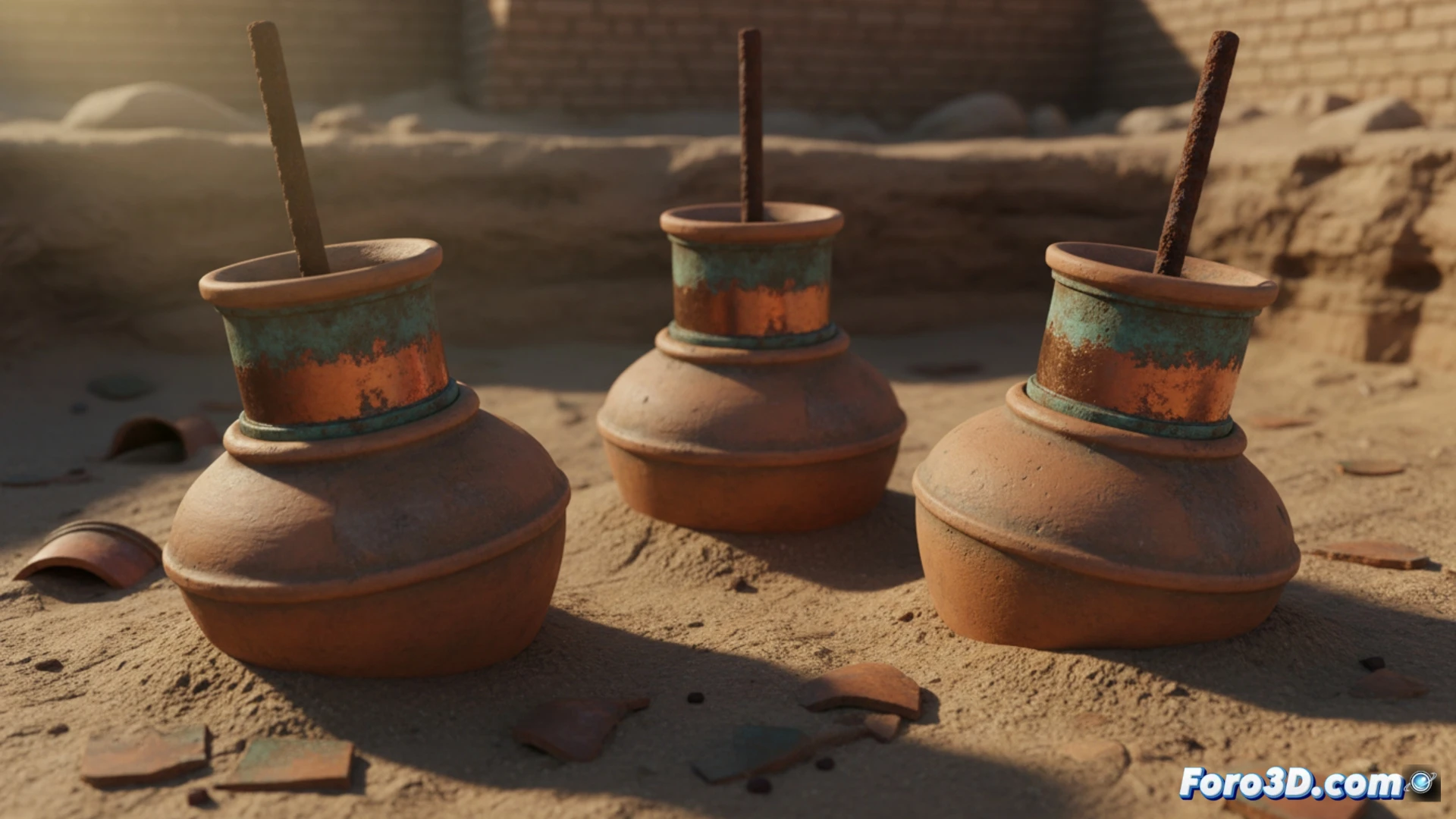 Reconstrucción 3D de la Batería de Bagdad, mostrando el jarrón de arcilla, el cilindro de cobre y la varilla de hierro aislada.