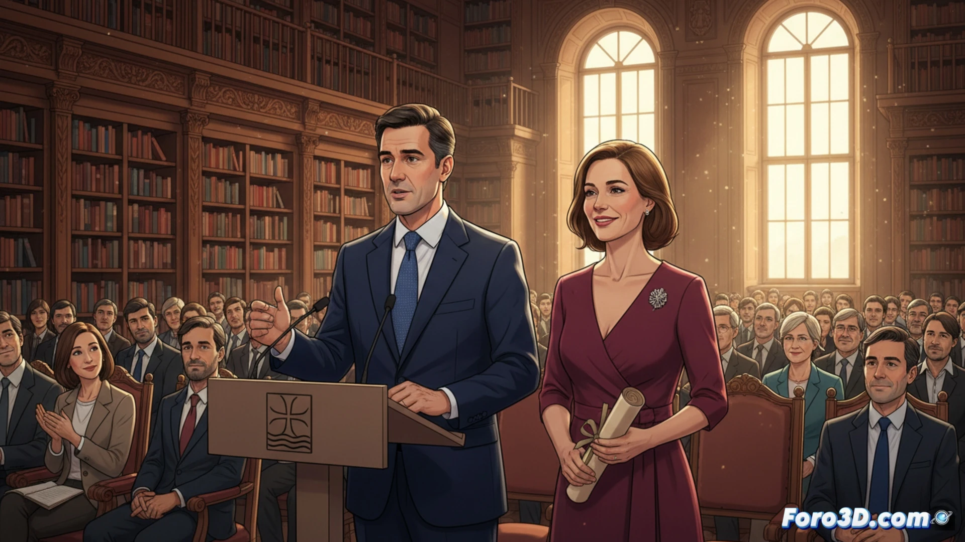 Una mujer recibe el cargo de directora en una biblioteca moderna, rodeada de estanterías y autoridades.