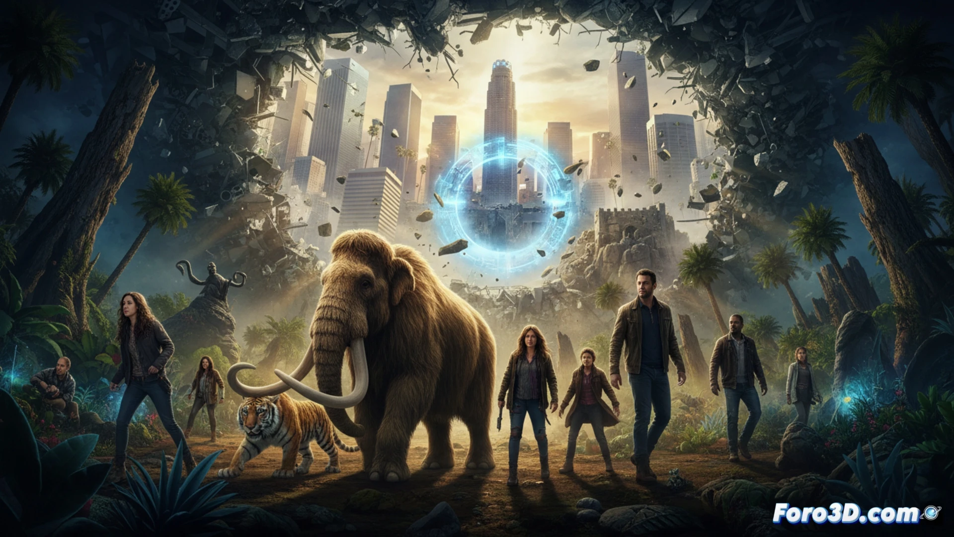 Un sumidero urbano se abre bajo un cielo tormentoso, con bestias prehistóricas acechando entre ruinas modernas y fuego.