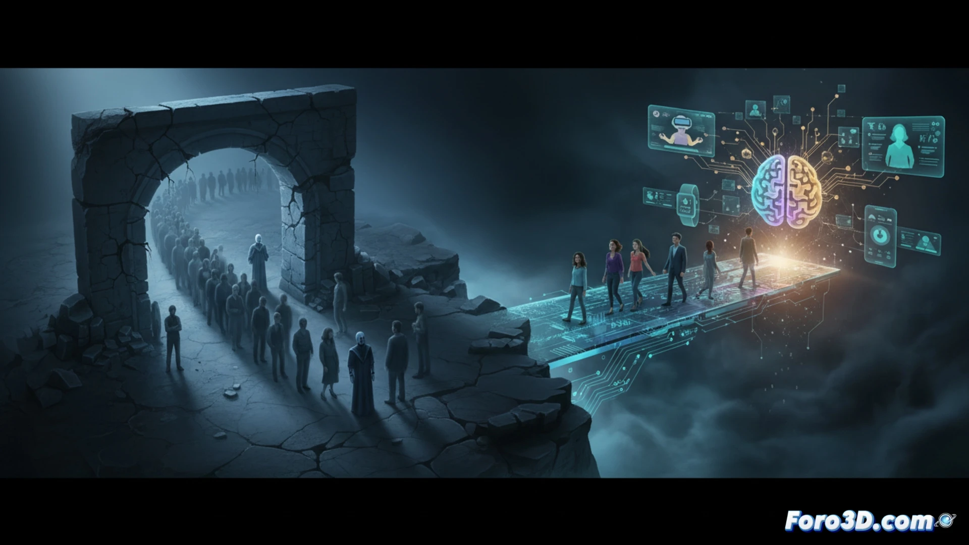 Una persona esperando sola frente a una puerta cerrada, mientras un dispositivo digital muestra un camino de apoyo accesible.