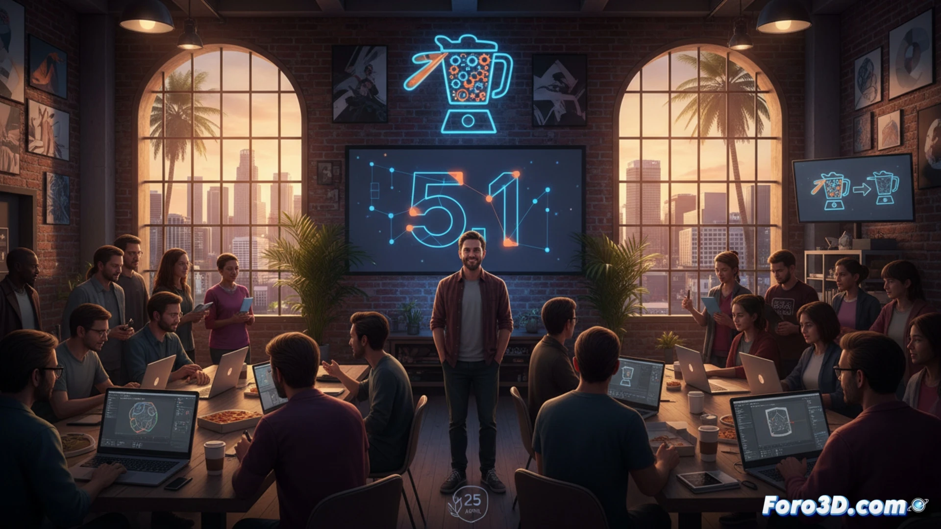 Un grupo diverso de artistas 3D se reúne en un luminoso loft de Los Ángeles, celebrando el lanzamiento de Blender 5.1 con pantallas de proyectos y pancartas de LA BUG.