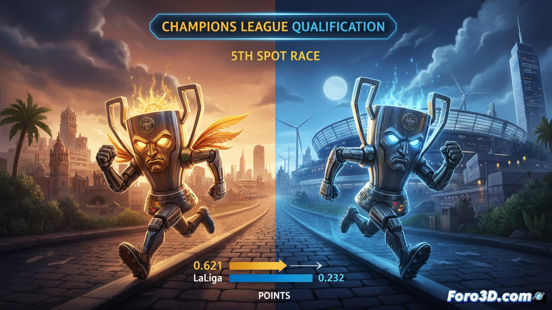 Un mapa de Europa con gráficos de barras superpuestos, mostrando banderas de España y Alemania en una carrera ajustada por puntos UEFA.