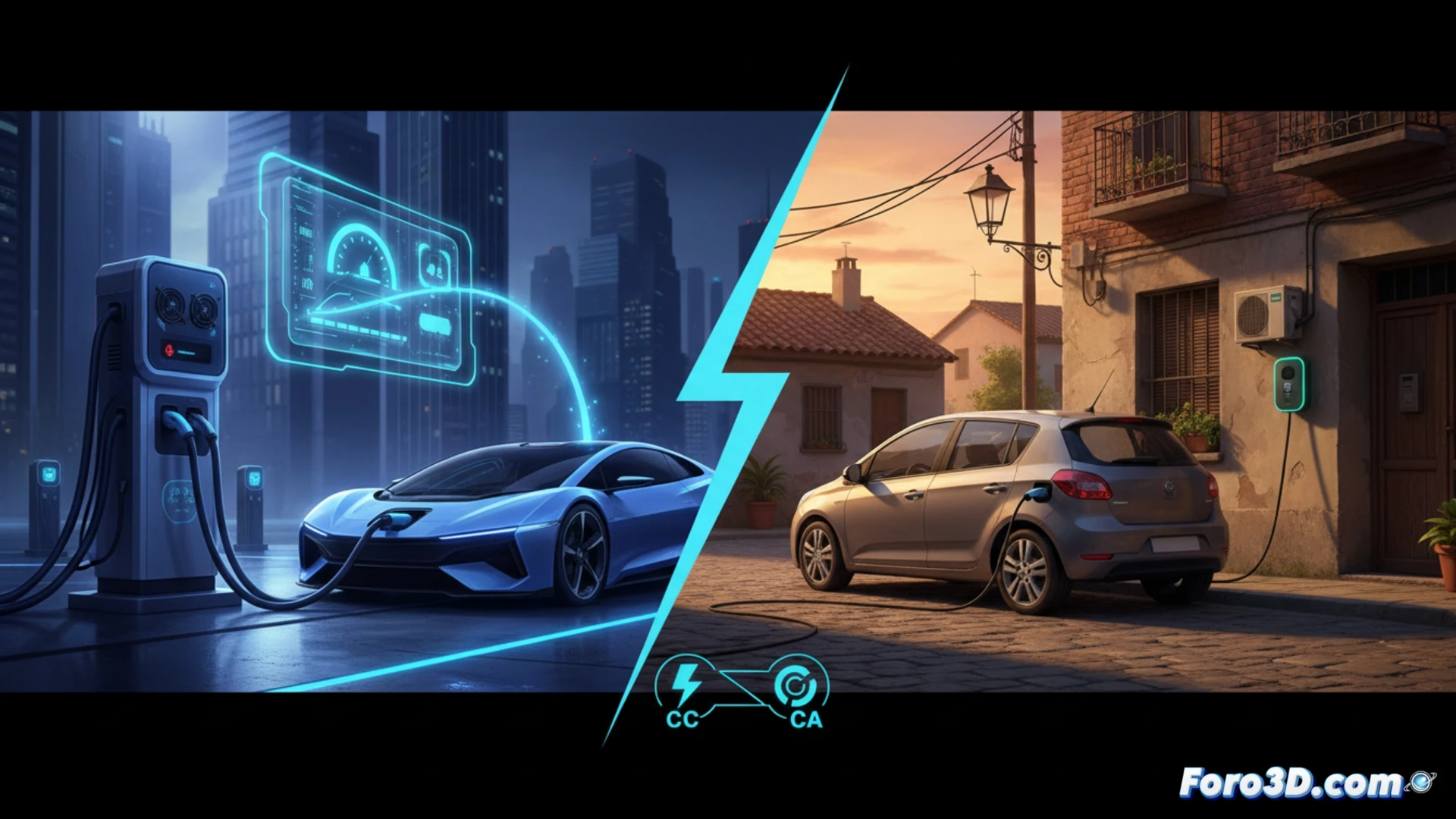 Un coche eléctrico enchufado a una lenta toma de CA en la calle, mientras un cargador rápido de CC vacío brilla con promesas publicitarias al fondo.