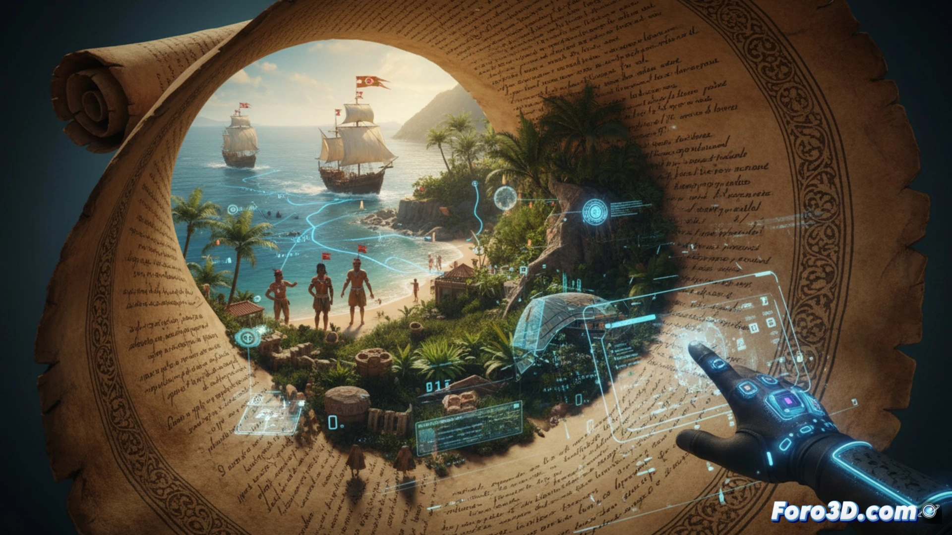 Reconstrucción digital 3D de la costa brasileña en 1500, basada en la descripción de la Carta de Caminha.