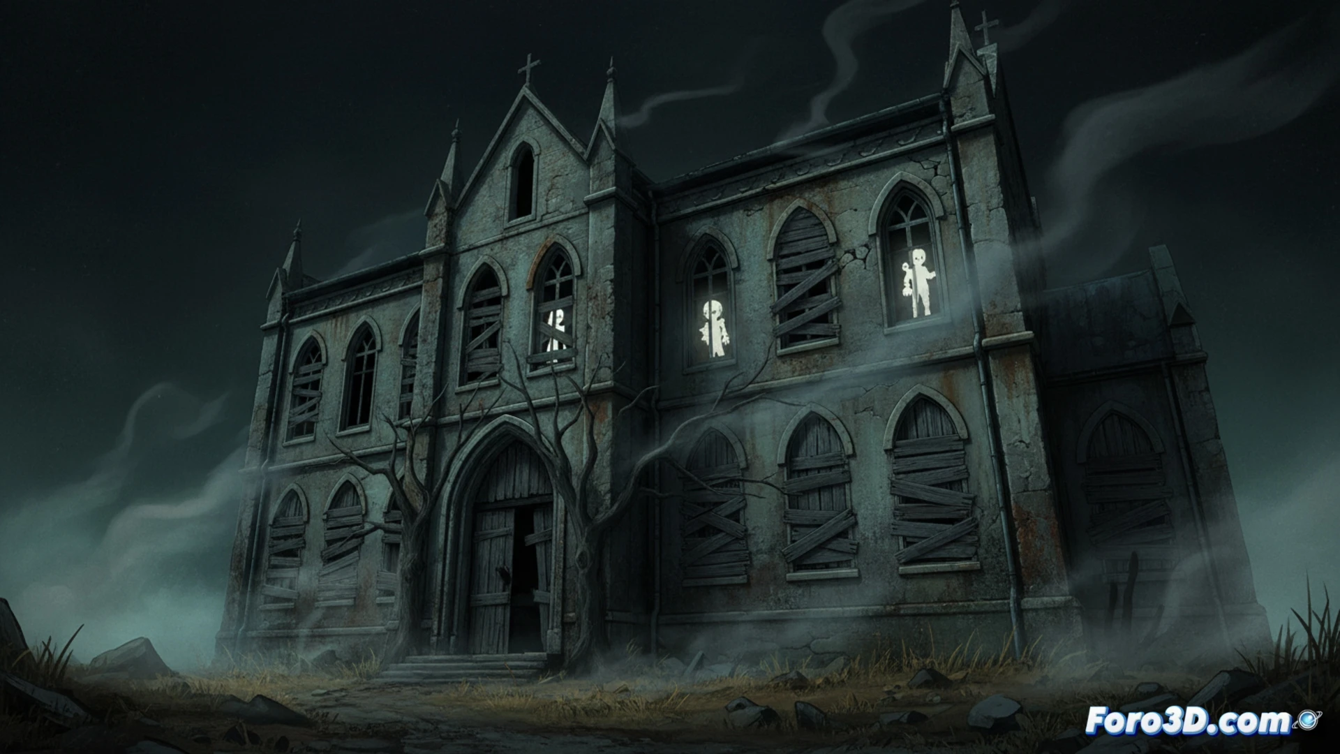 Una fachada derruida de un orfanato abandonado, con ventanas tapiadas y sombras infantiles difusas tras los cristales rotos.