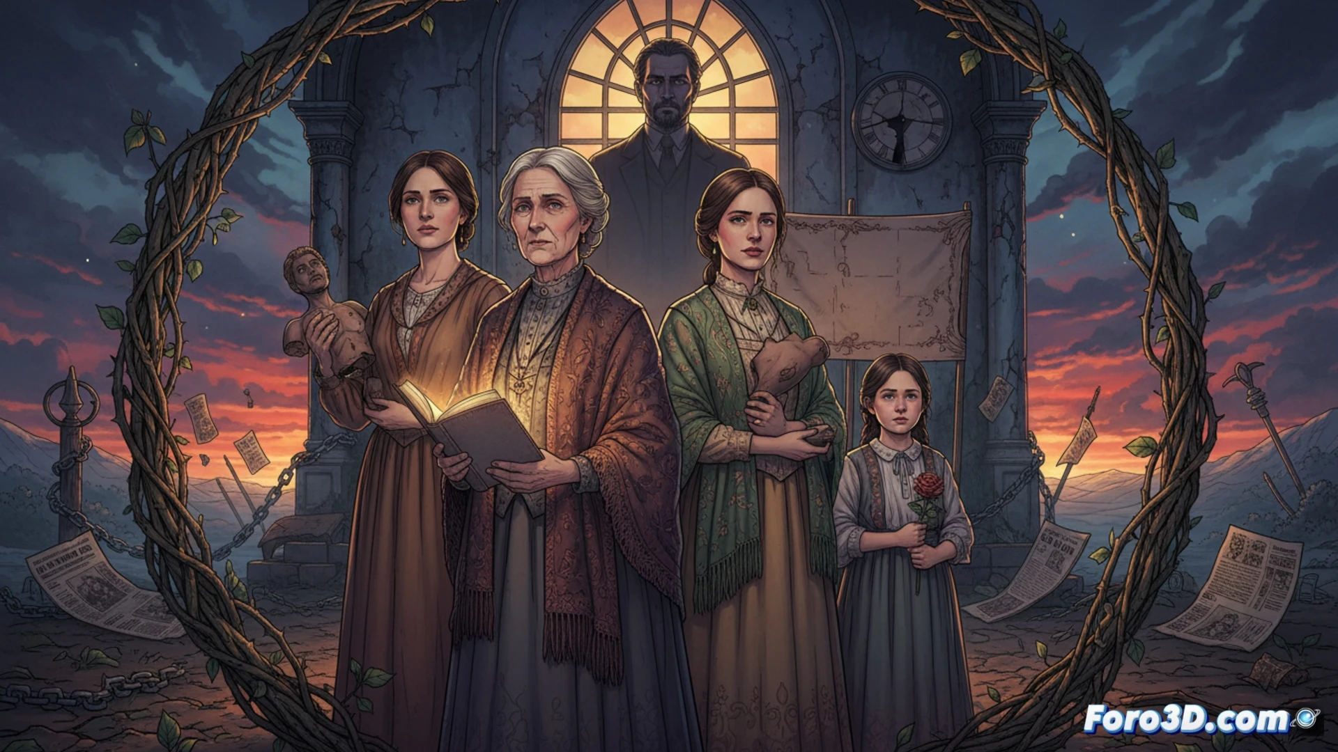 Una familia en un salón opulento, con tensión entre sus miembros y sombras de violencia patriarcal.