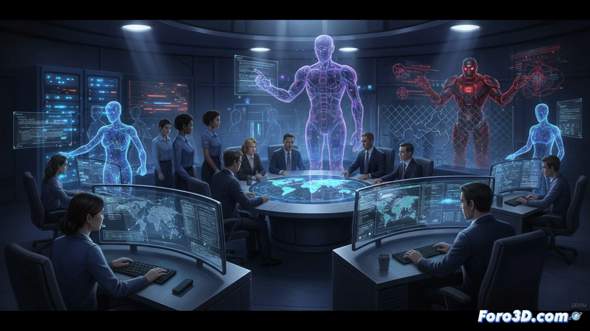 Un analista revisa datos en pantallas con un asistente de IA generativa como compañero de trabajo.