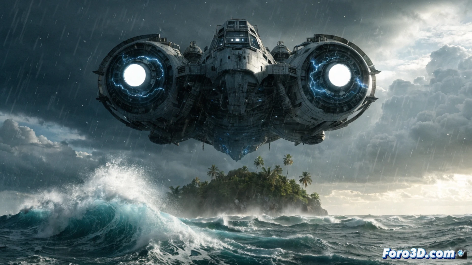 Una estantería con clásicos de ciencia ficción en VHS y DVD, brillando con fuerza frente a una pantalla moderna que muestra un mosaico genérico de naves espaciales y paisajes desolados.