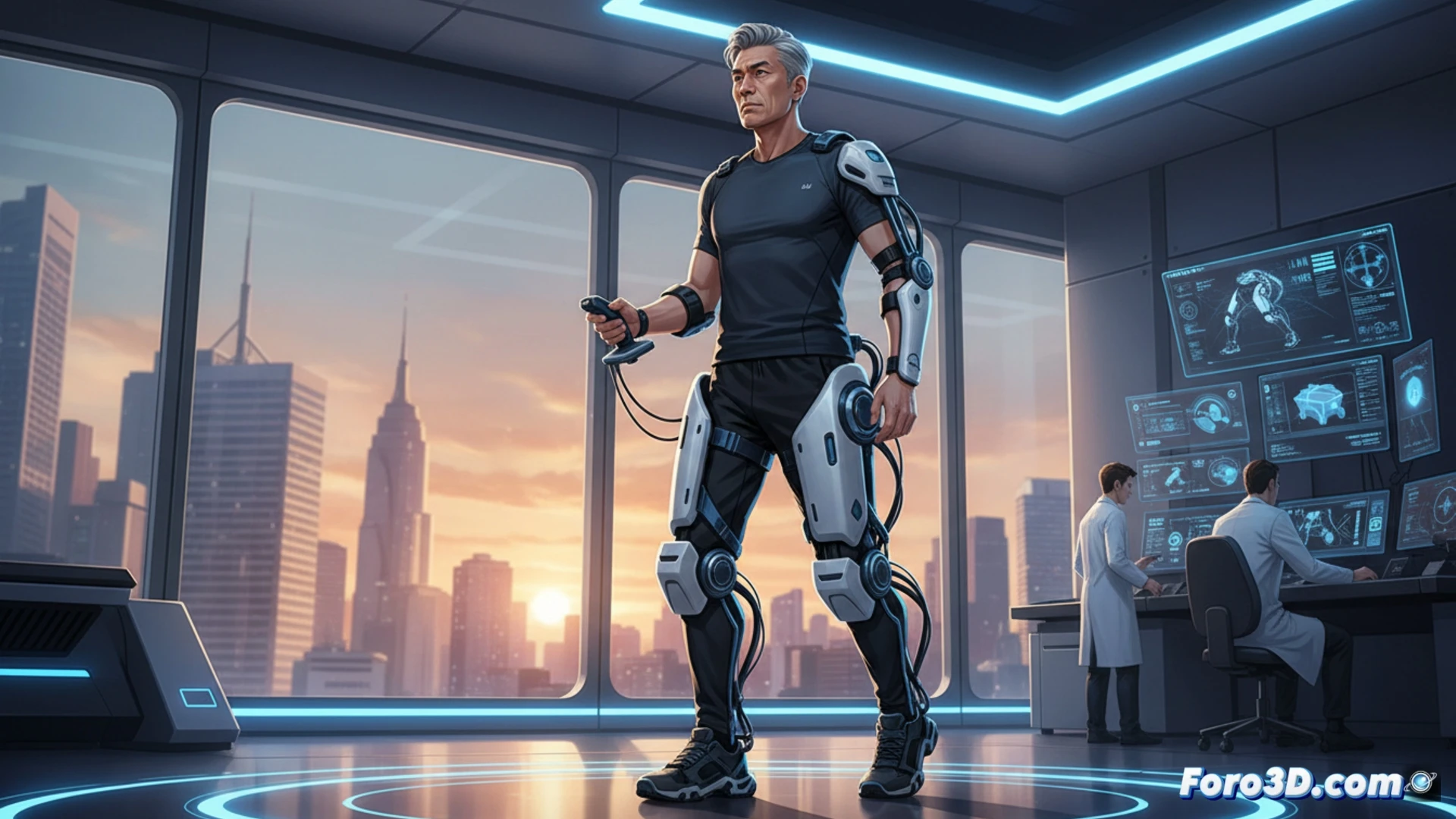 Arquitecto paralizado utilizando un exoesqueleto roboticos de asistencia para caminar en un entorno domestico.