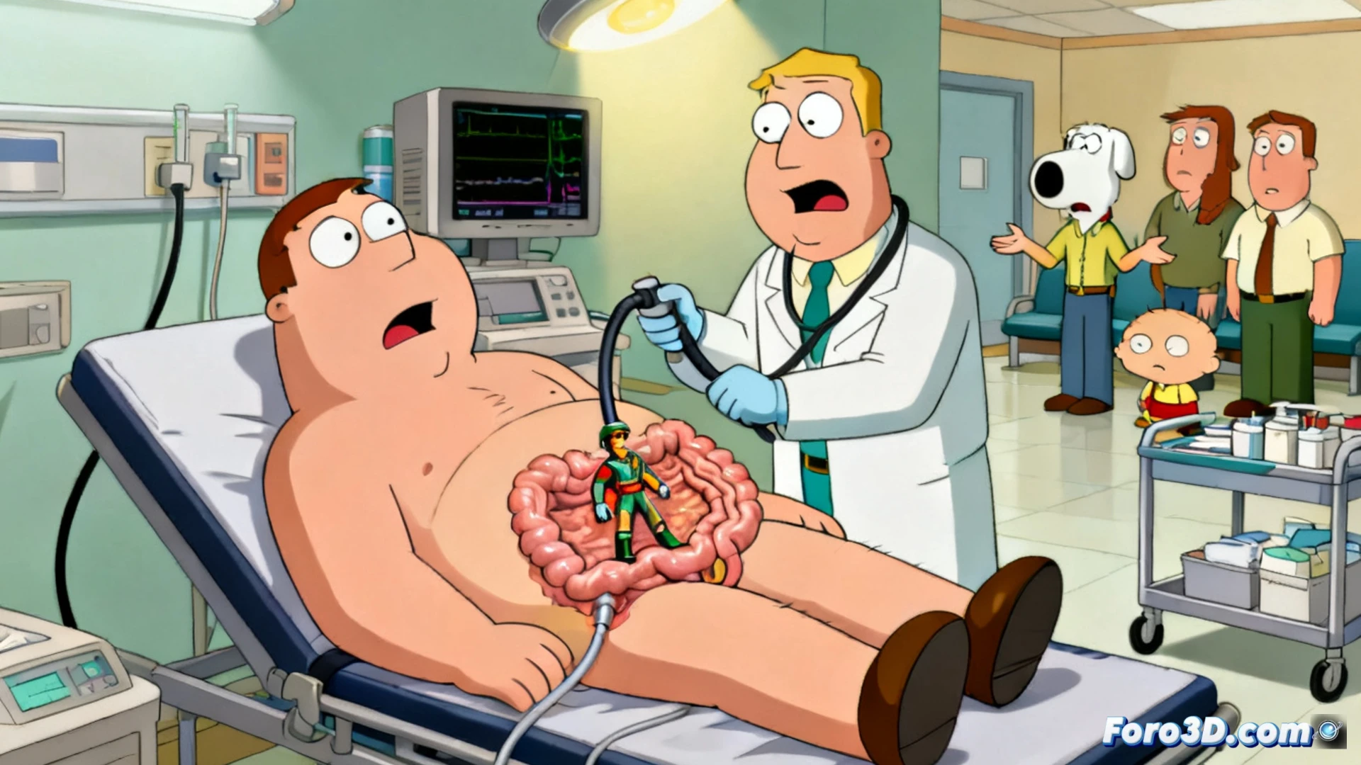 Peter Griffin en una camilla de hospital, con doctores sorprendidos extrayendo una figura de G.I. Joe de su colonoscopia.
