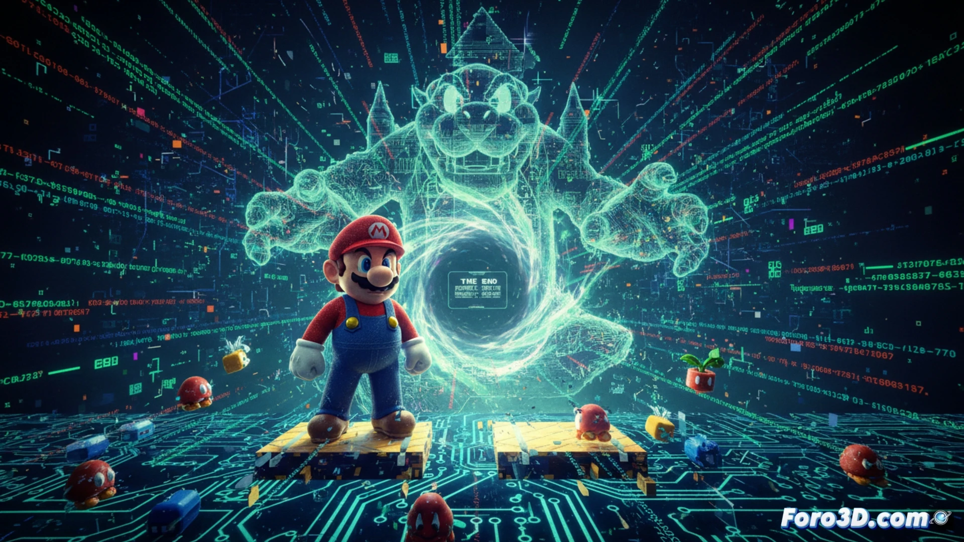 Un jugador, con mando en mano, observa una pantalla donde Mario se congela. En la TV, líneas de código hexadecimal sobrepuestas revelan cómo se reescribe la memoria del juego en tiempo real.