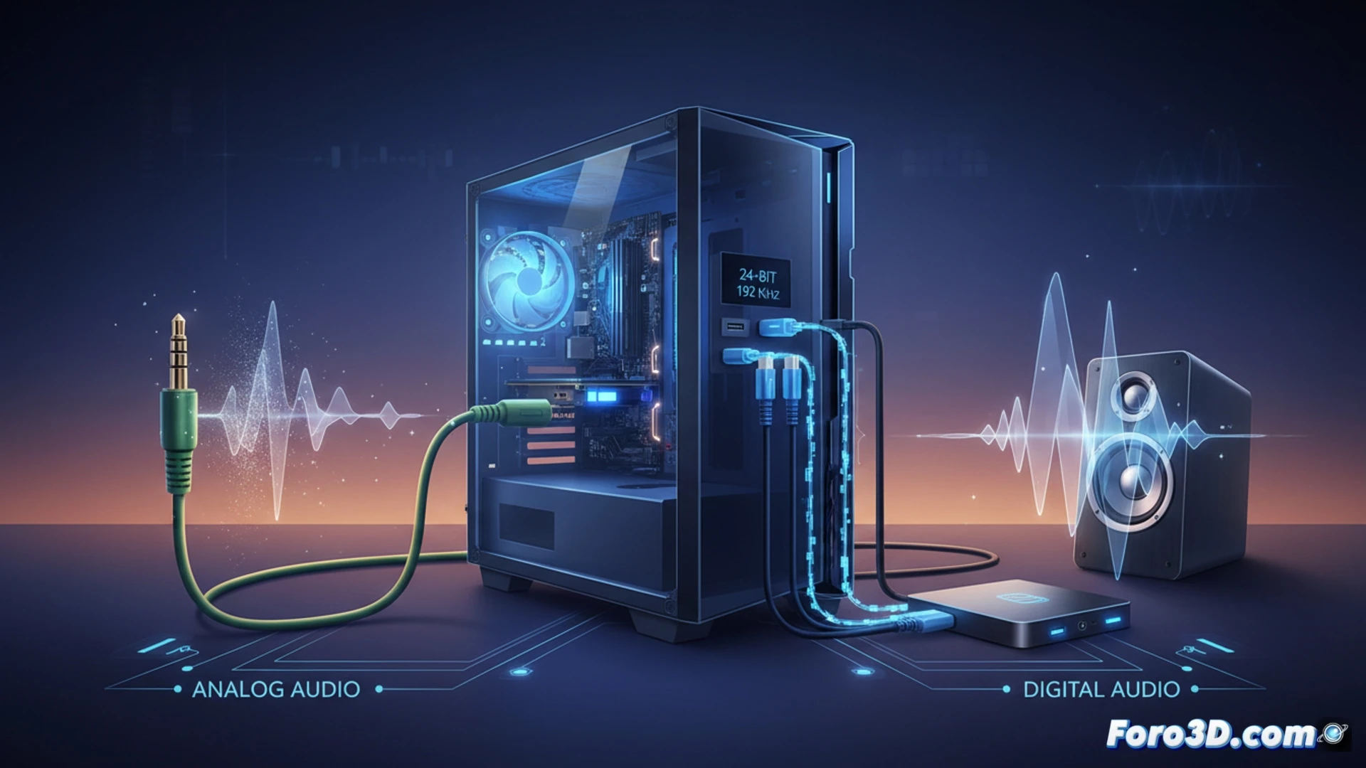 Imagen de un conector jack 3.5 mm y uno óptico digital, con ondas sonoras analógicas y un flujo de datos binarios saliendo de un PC.