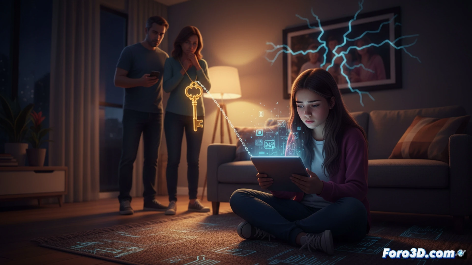 Una familia sentada junta pero distante, con un teléfono mostrando un ojo de vigilancia sobre la pantalla.