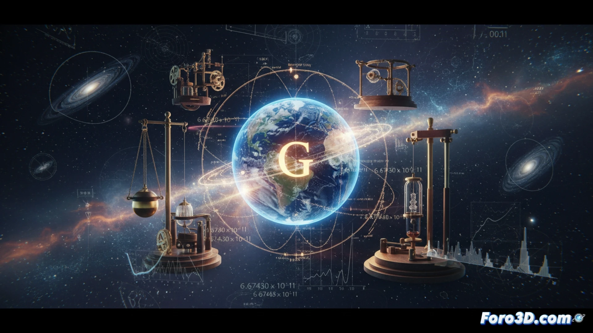 Esfera metálica suspendida sobre un patrón de interferometría láser, representando la precisión extrema en la medición de G.