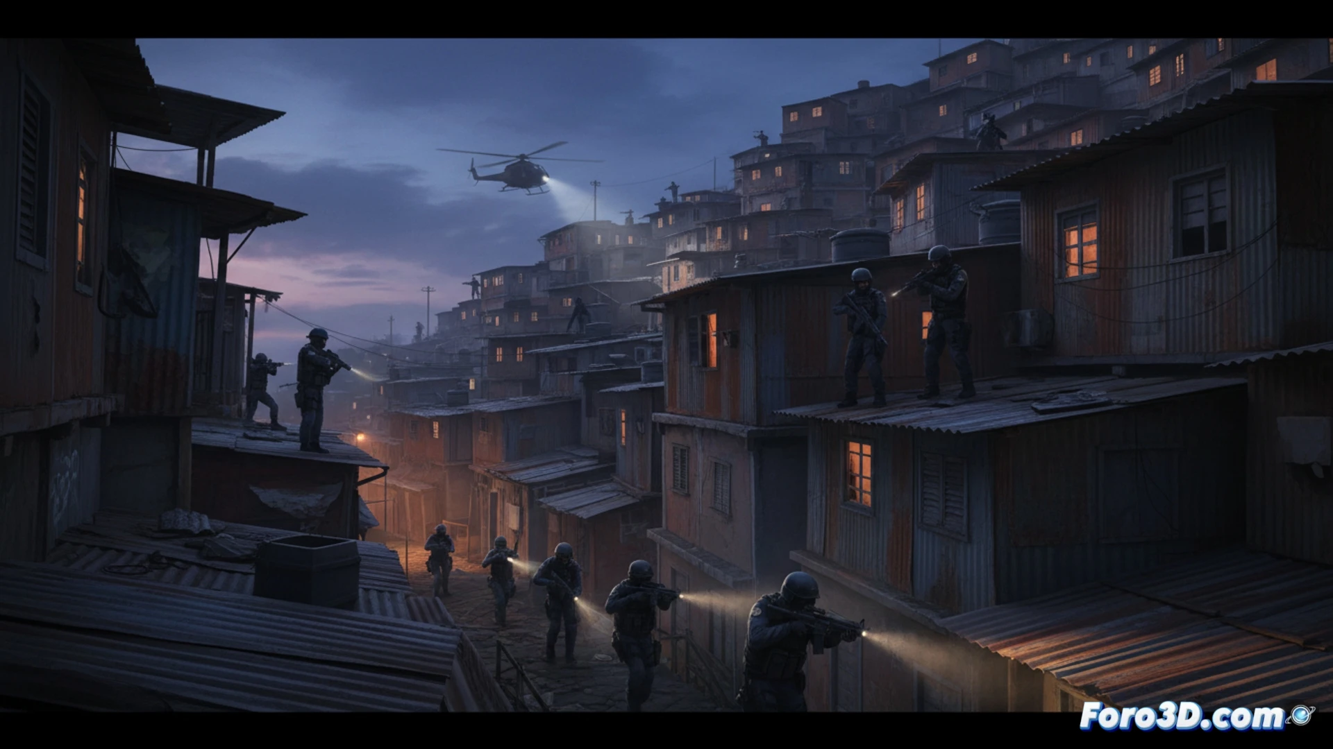 Una ciudad nocturna con una sombra de tentáculos sobre un mapa urbano, policías en una calle distante.