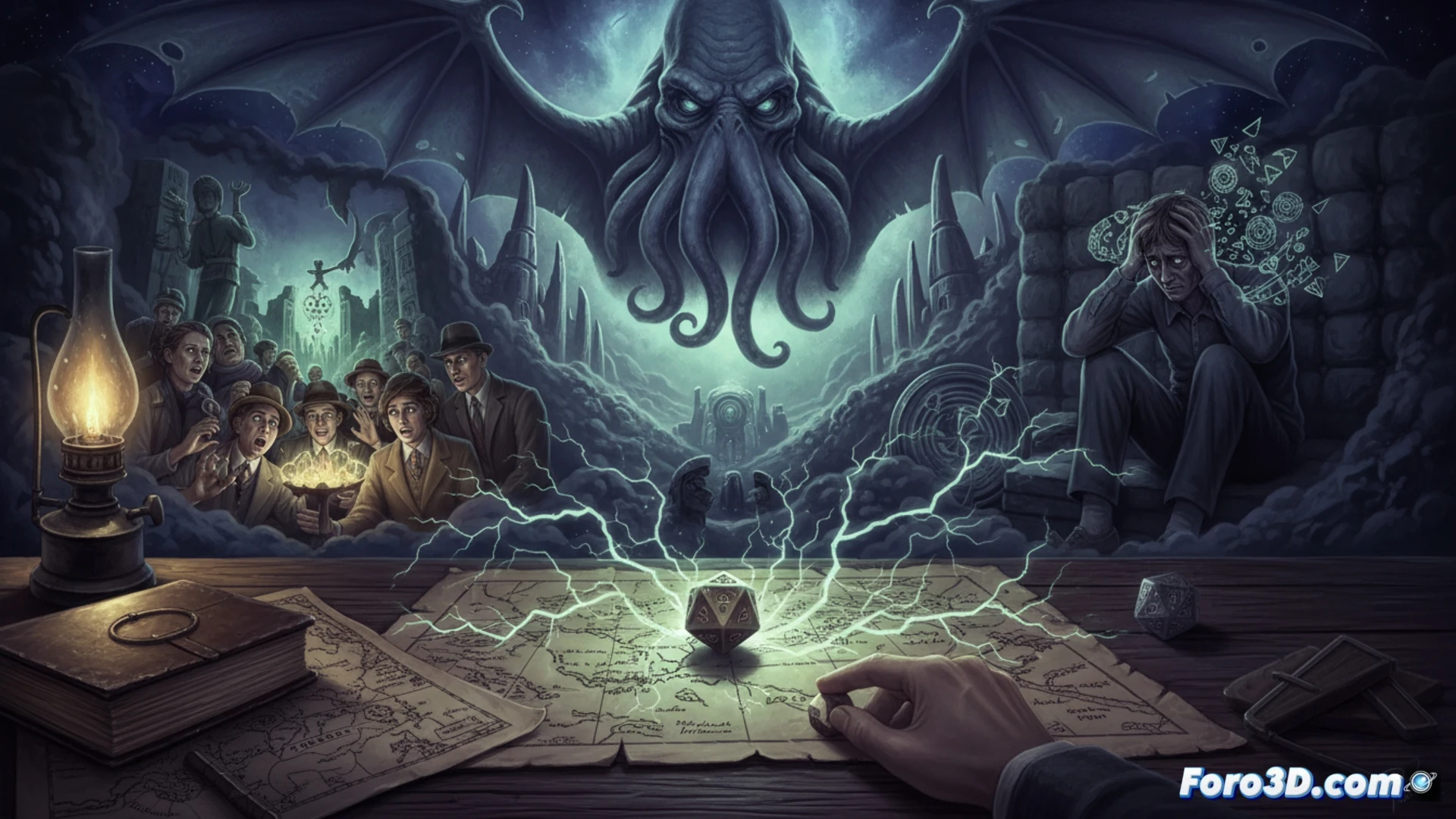 Un investigador mira horrorizado su ficha de personaje, donde la estadística de Cordura se reduce drásticamente.