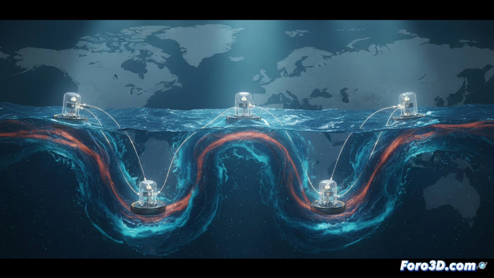 Un mapa del Atlántico con una cinta azul de corrientes que se adelgaza y pierde intensidad hacia Europa.