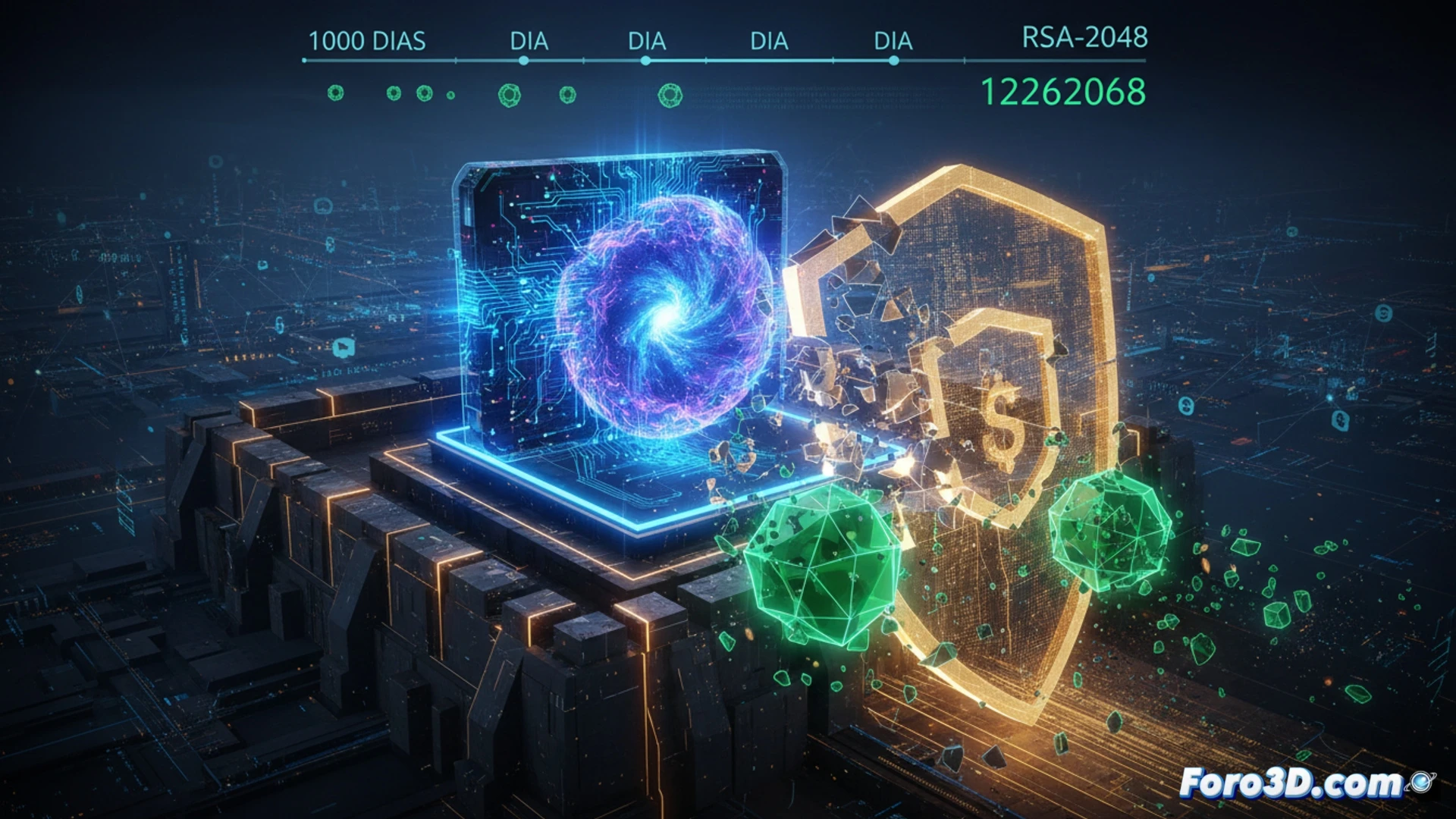 Un ordenador cuántico futurista, con un núcleo brillante de casi 10.000 cúbits, desintegra simbólicamente un candado digital y líneas de código cifrado.