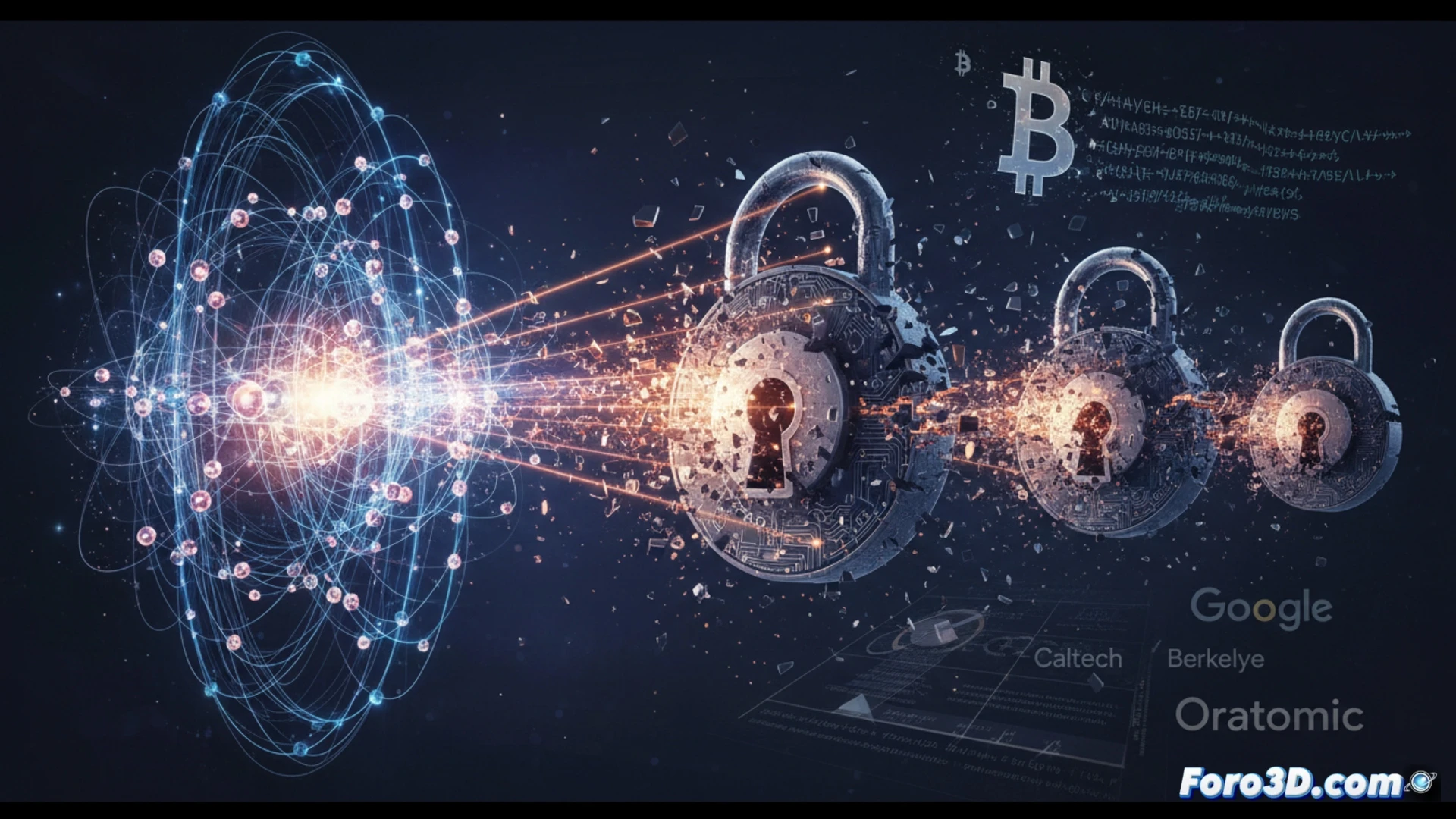 Una computadora cuántica rompiendo un candado digital sobre códigos cifrados clásicos.