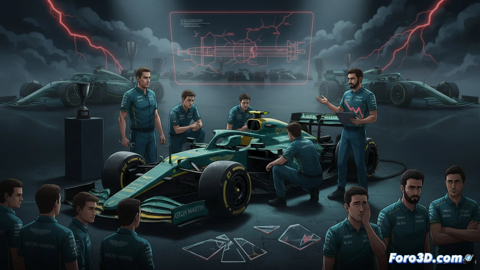 Un Aston Martin F1 estancado en boxes, con mecánicos frustrados y un jefe técnico observando gráficos de bajo rendimiento.