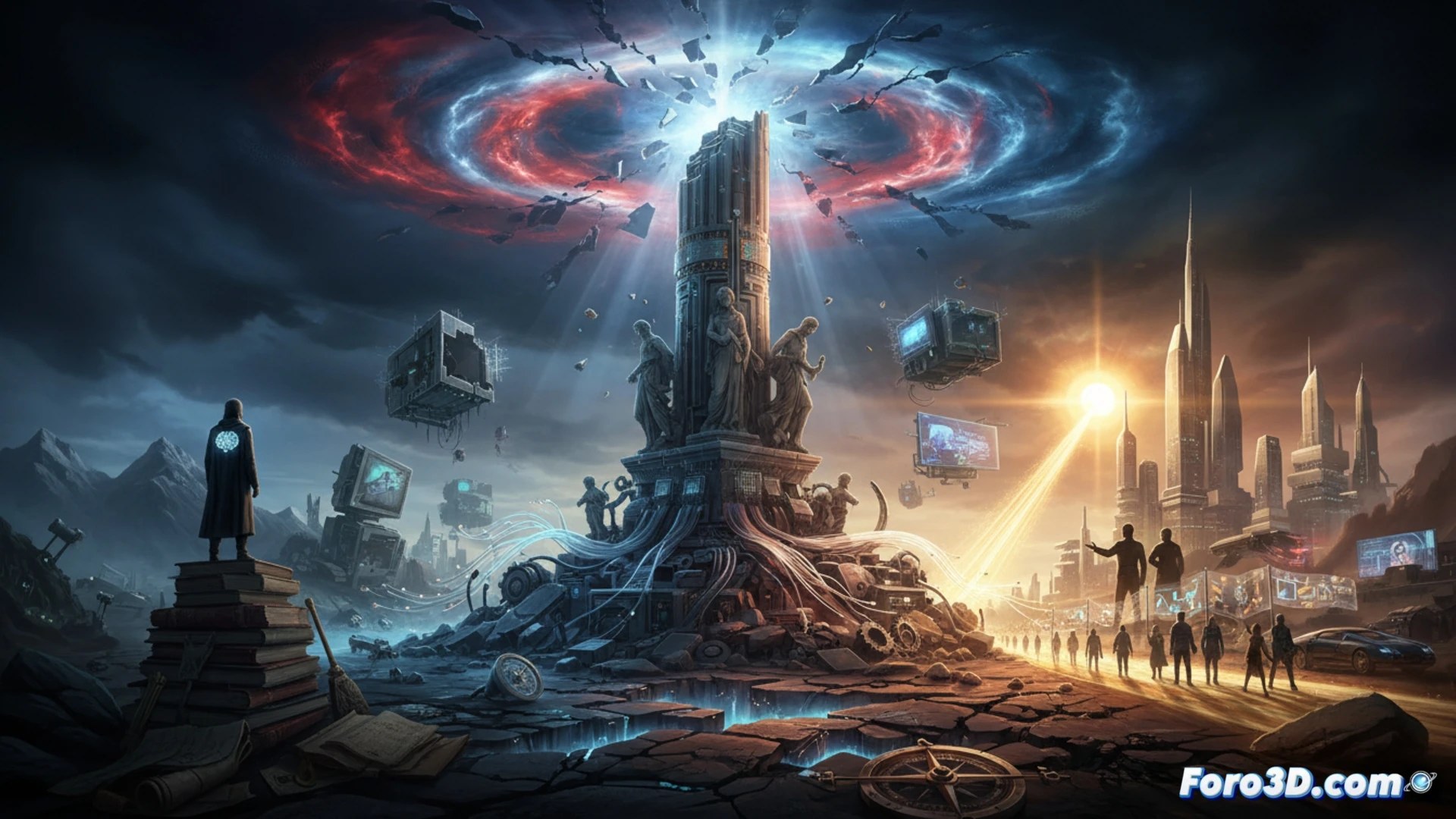 Un líder solitario mira un mapa antiguo frente a un horizonte borroso, entre pilares rotos y luces modernas.