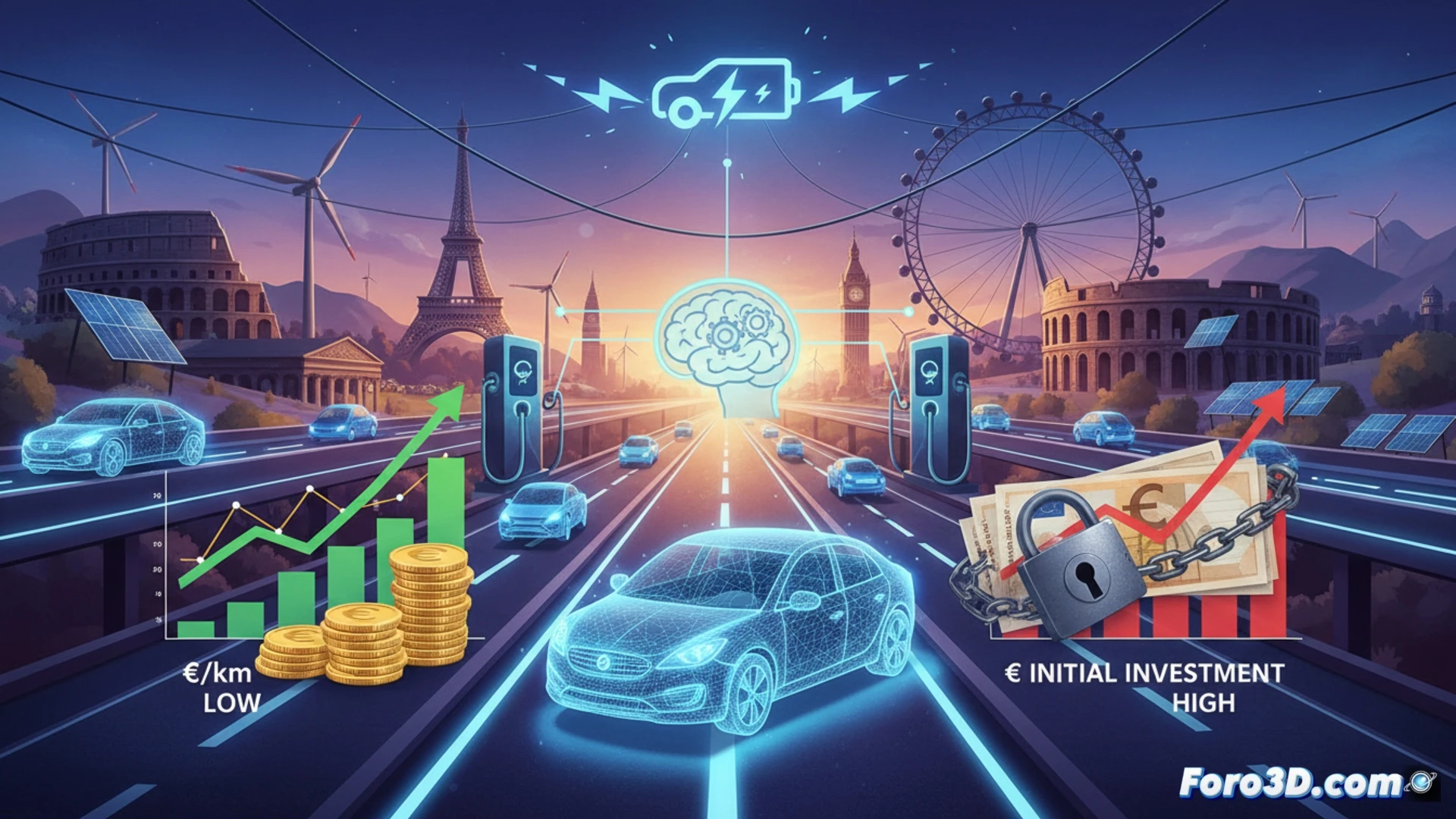 Modelado 3D de un coche eléctrico moderno junto a un gráfico de precios de energía en alza.