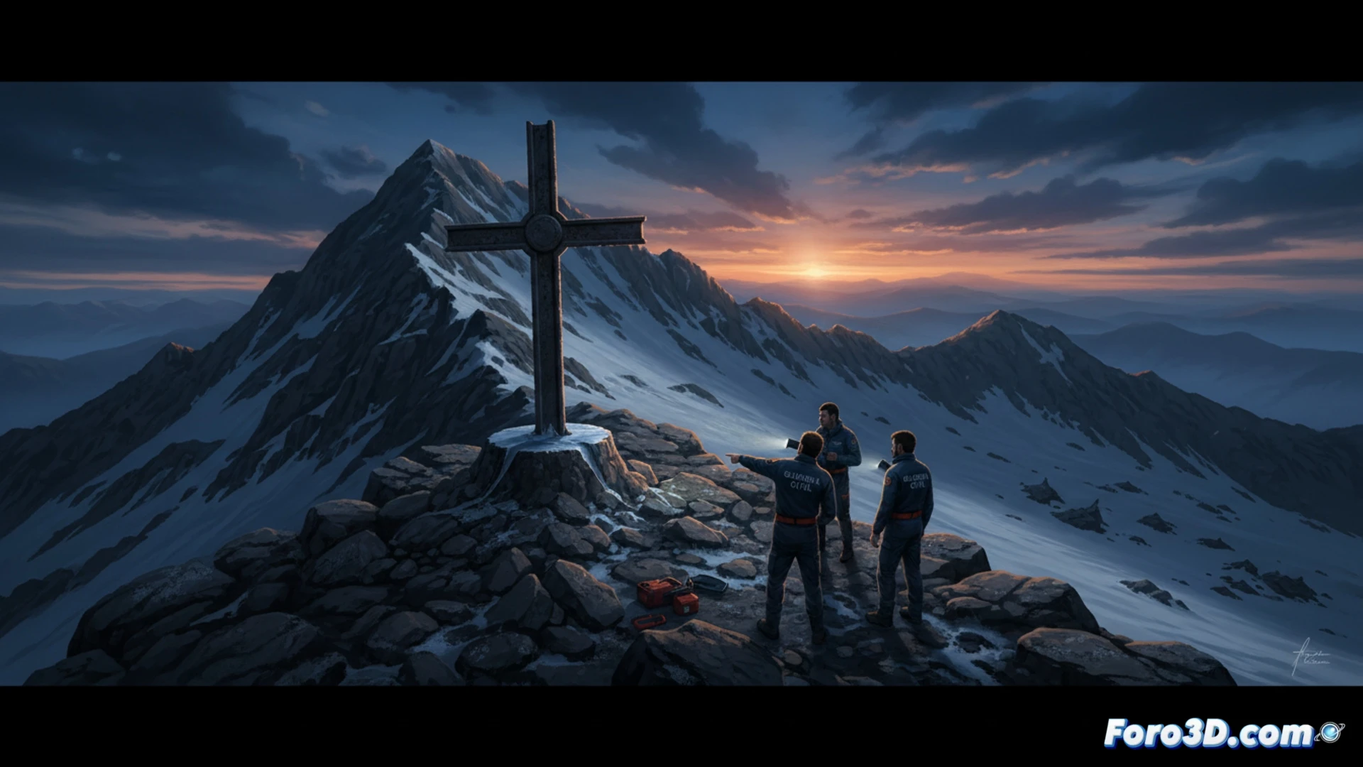 DESCRIPCIÓN (80-120 caracteres):  
Cima nevada del Aneto con base metálica vacía y un corte limpio; cruz de acero yace en la ladera rocosa.