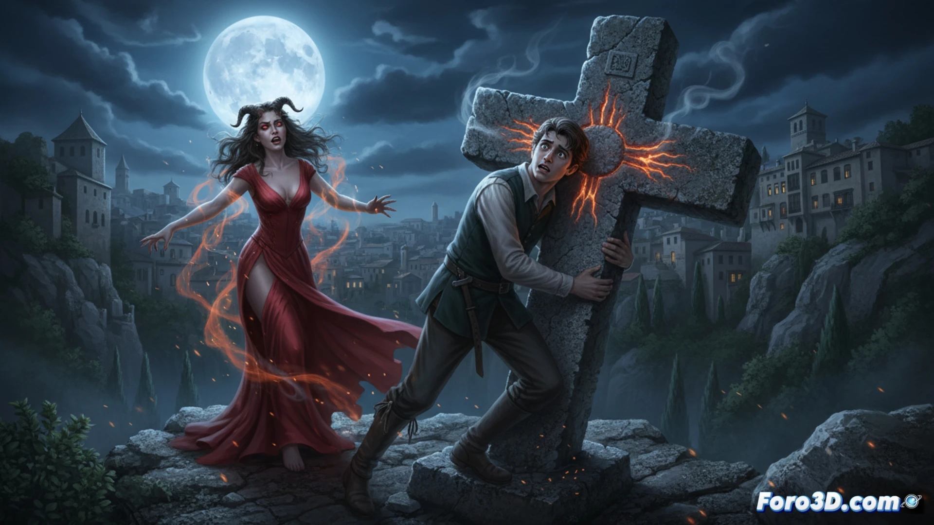 Una cruz de piedra con la marca de dedos grabada, testimonio de la leyenda de un joven que enfrentó al diablo.