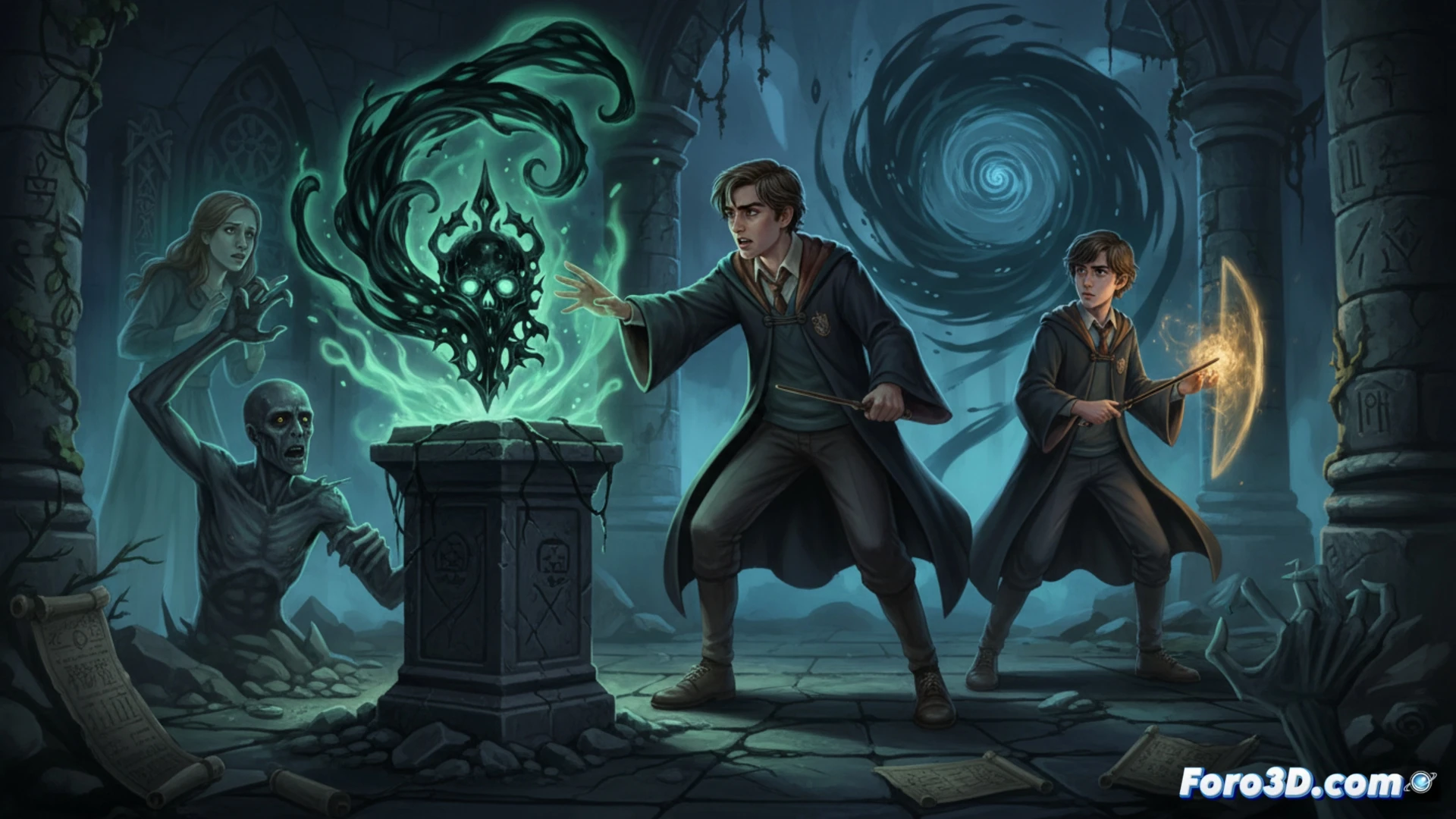 Un mago reflexiona ante un antiguo artefacto oscuro en una cripta iluminada por velas.