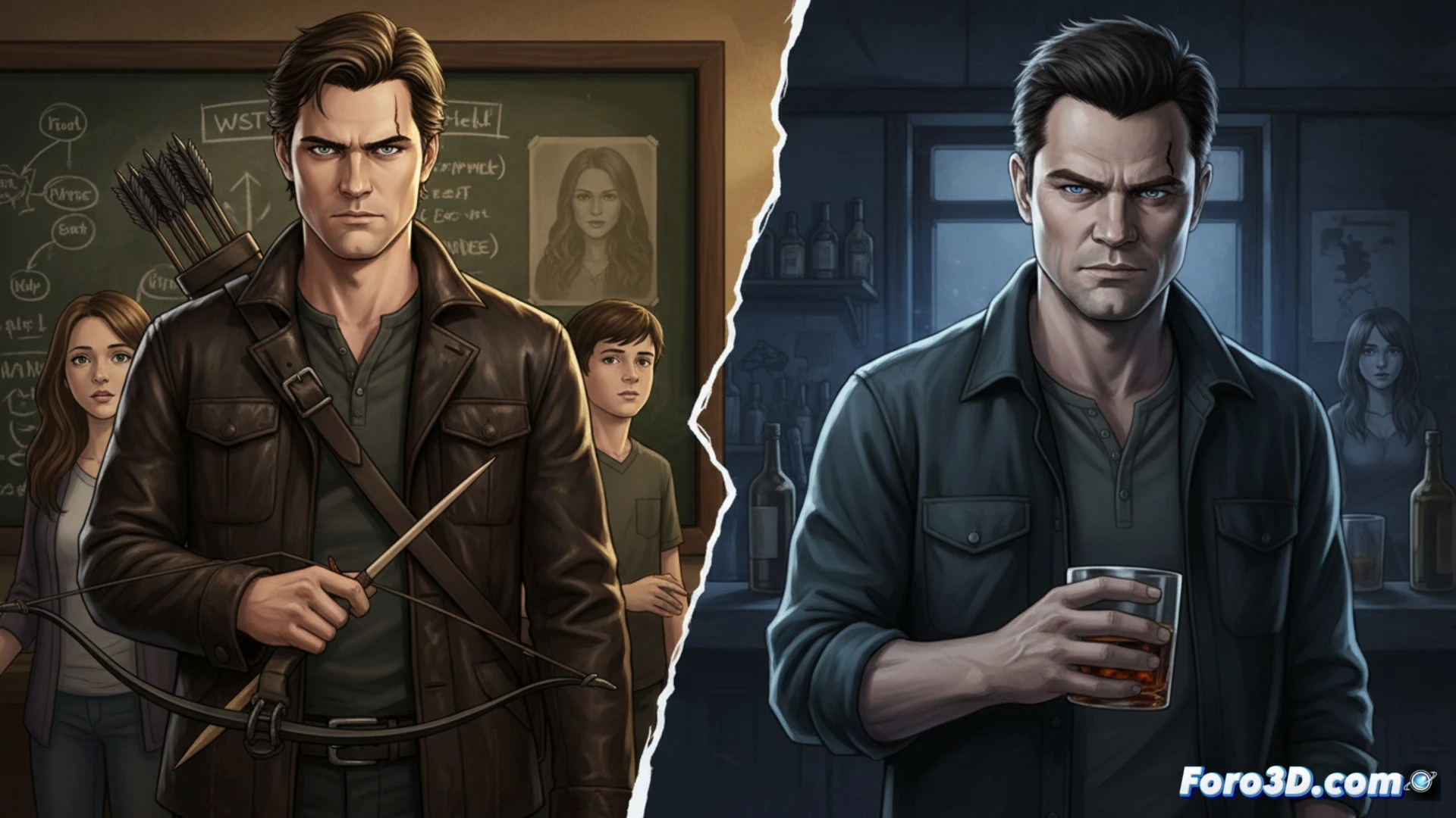 Un hombre antes íntegro, ahora con mirada vacía y postura derrotada, reflejando su declive moral.