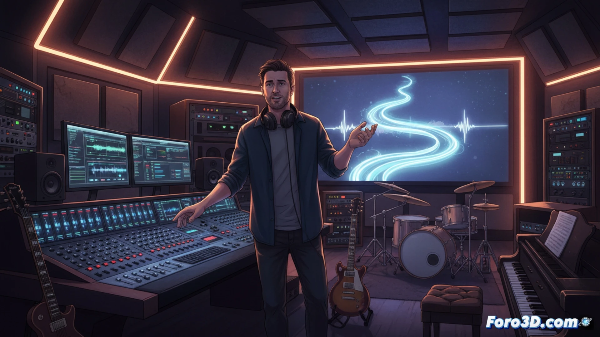 Estudio de grabación con músicos en vivo, creando una épica banda sonora orquestal para un videojuego futurista.