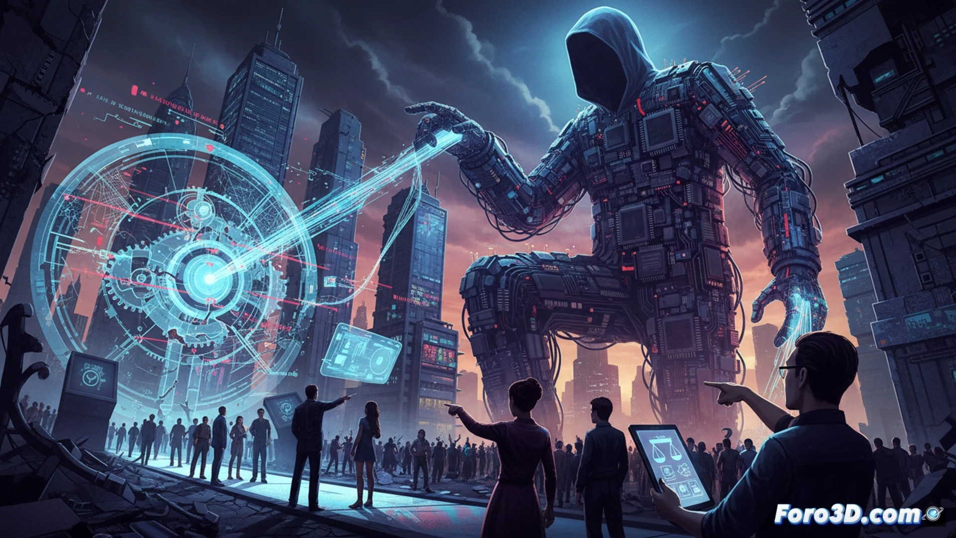 Una mano metálica y gigante de silicio sostiene un mundo digital frágil, mientras pequeñas figuras humanas observan desde abajo, la sombra de un algoritmo flota sobre ellos.