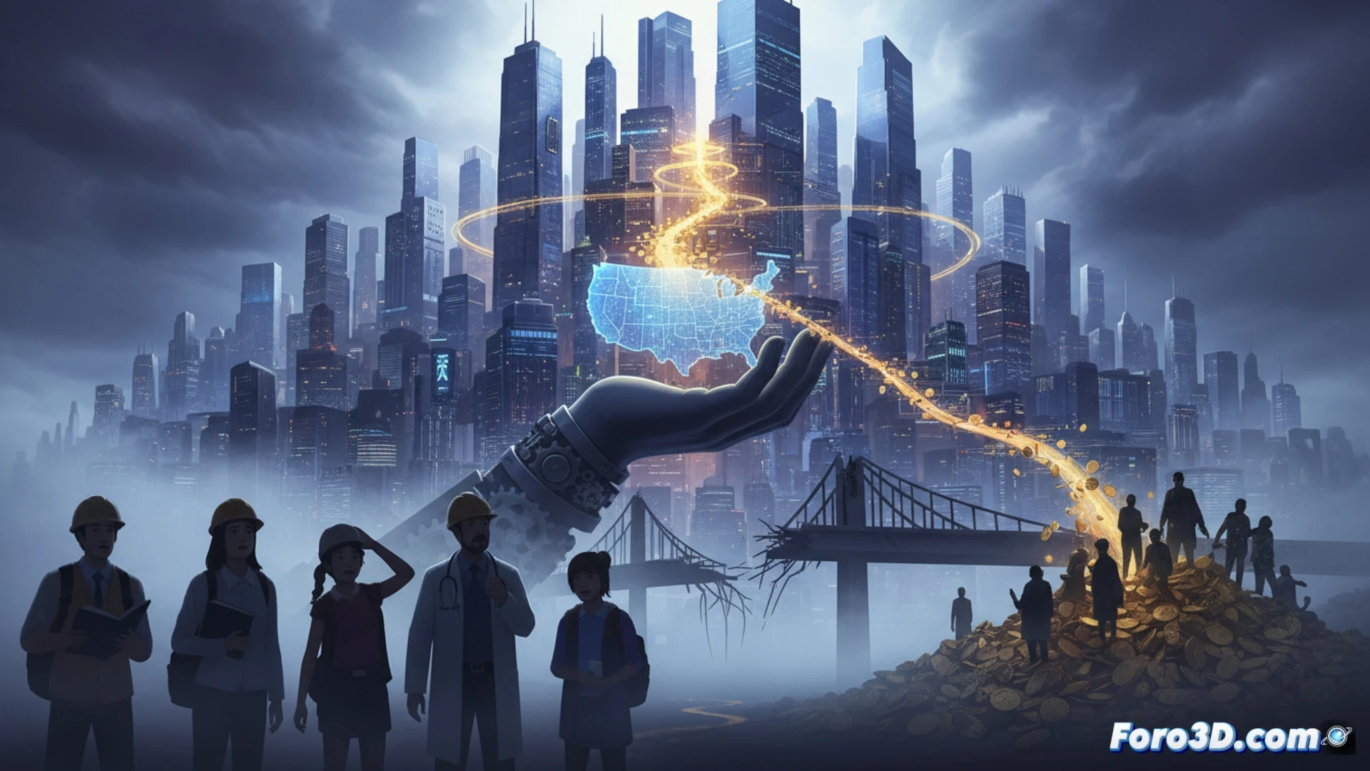 Una metrópolis tecnológica futurista se alza sobre un paisaje de aulas vacías y carreteras deterioradas, mientras sombras de datos flotan sin pagar peaje.