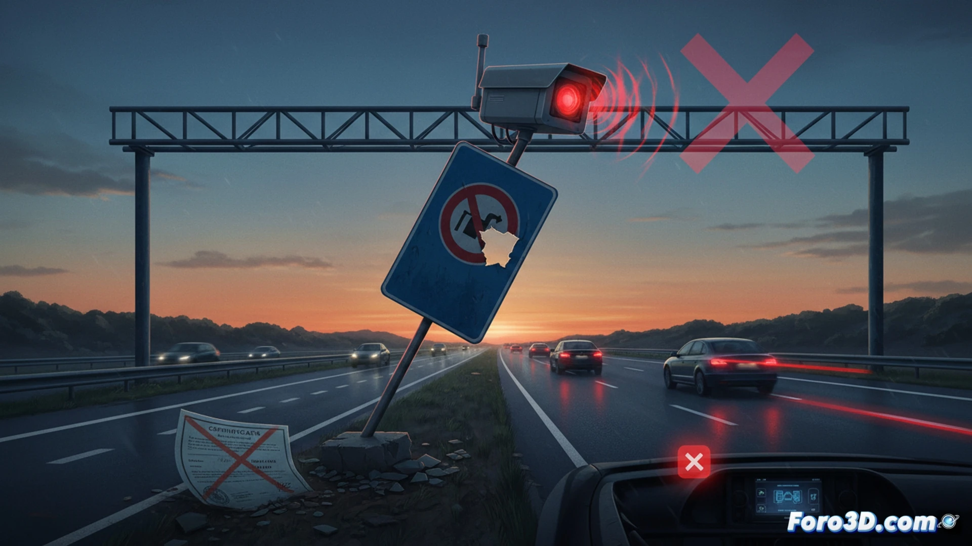 Imagen de un radar fijo en la autovía A-7, con un sello rojo de 'ANULADA' sobre una multa de tráfico.