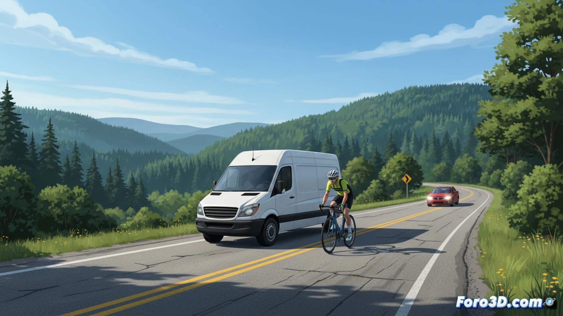 Un adelantamiento a un ciclista con un coche aproximándose en sentido contrario, en una carretera estrecha.