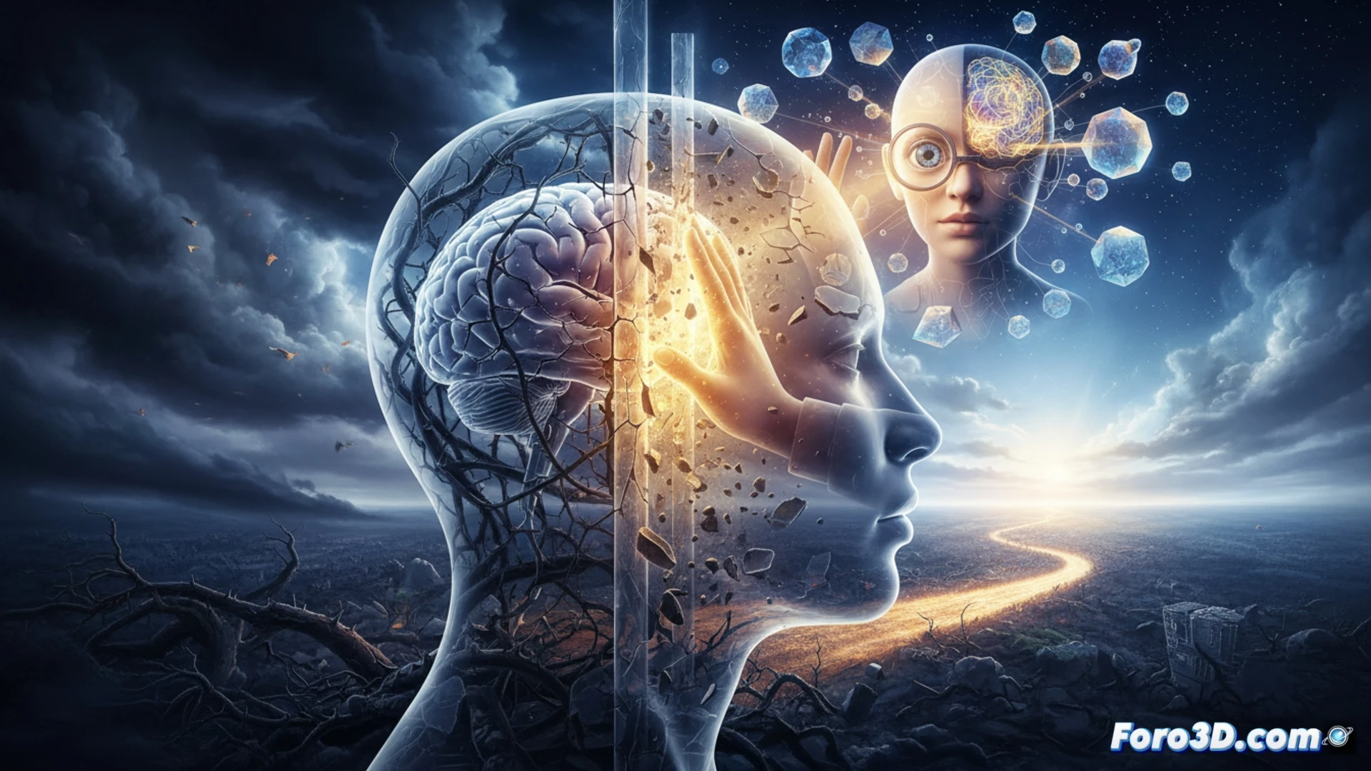 Una persona observa su reflejo roto, simbolizando la ruptura de ideas fijas y el nacimiento de una nueva perspectiva.