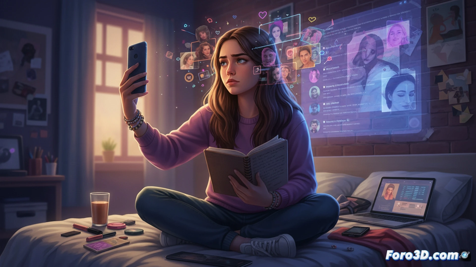 Una adolescente entre su habitación real y su reflejo digital perfecto en el teléfono.